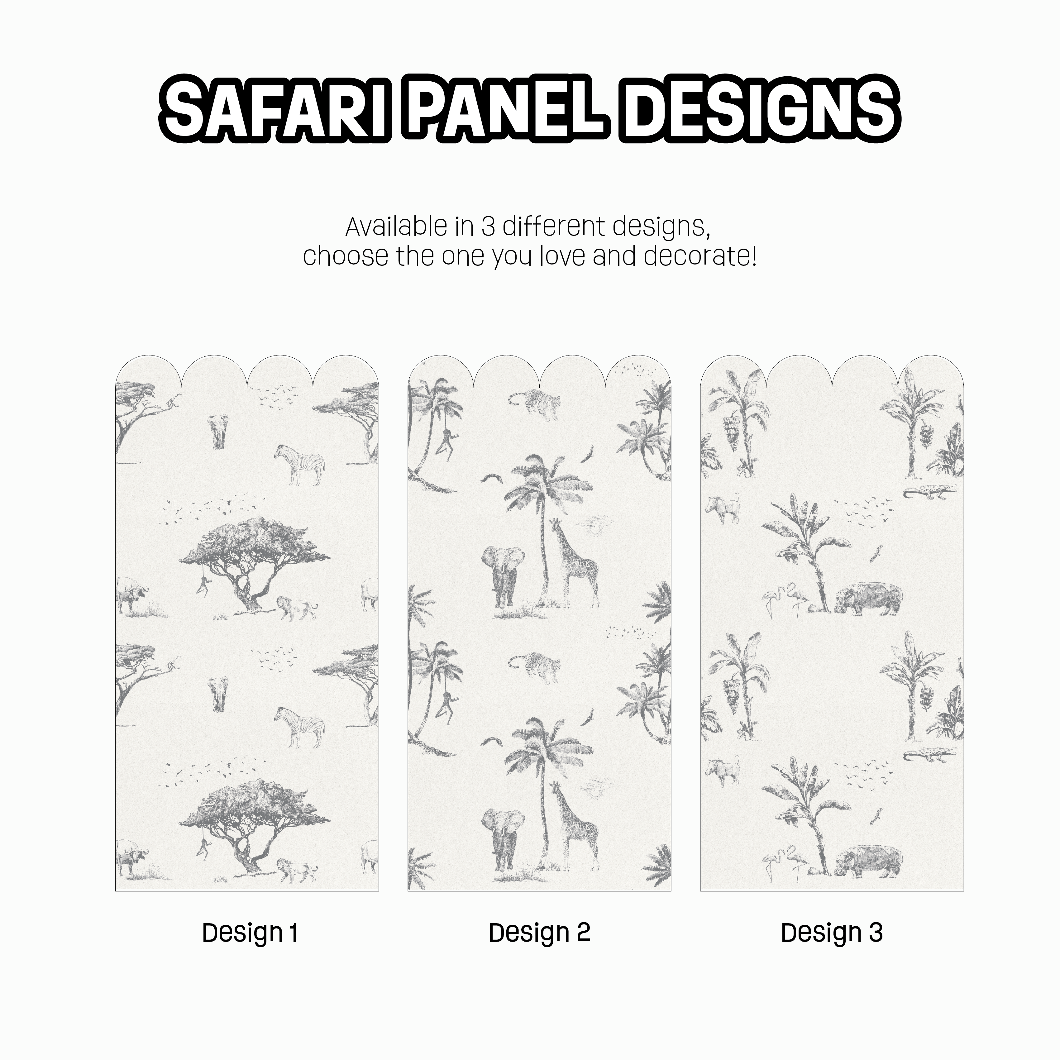 My Stores Safari Wall Panels feature three scalloped, peel-and-stick designs: Panel 1 with trees and giraffes, Panel 2 with elephants and giraffes, and Panel 3 with rhinoceroses and trees. These black-and-white safari-themed sketches easily add a touch of the wild to your space.