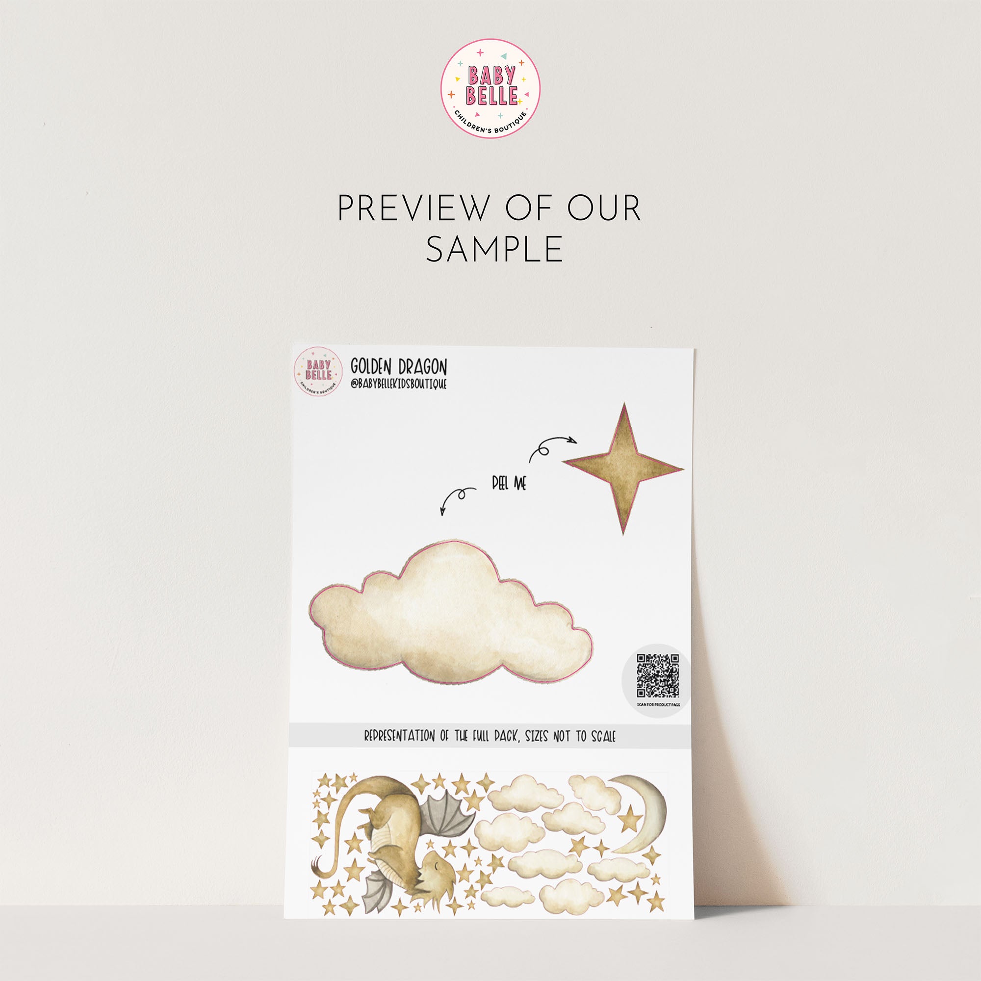 A decorative sheet from My Store featuring star and cloud cut-outs, with watercolor dragon among stars and Golden Dragon, Deb Me text. The top says Preview of Our Sample and has a Baby Bell logo, ideal for removable wall stickers enthusiasts.