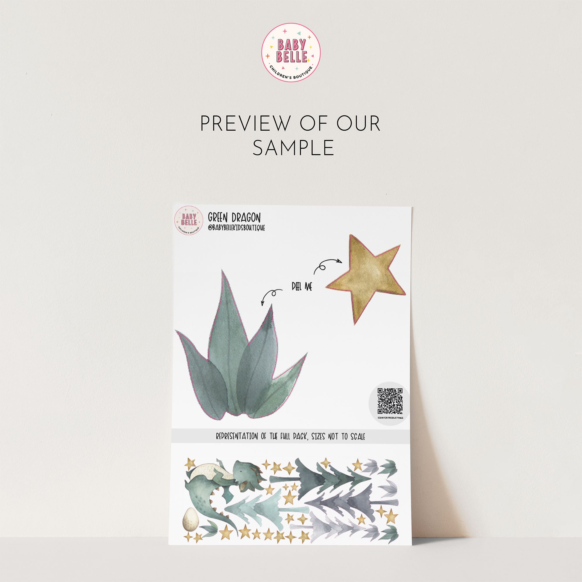 A decorative display features watercolor dragon decals, including a green dragon with stars and plants. The text reads Preview of Our Sample with the My Store logo, mentions the Green Dragon Stickers, and includes a social media handle. A QR code for application tips is visible.