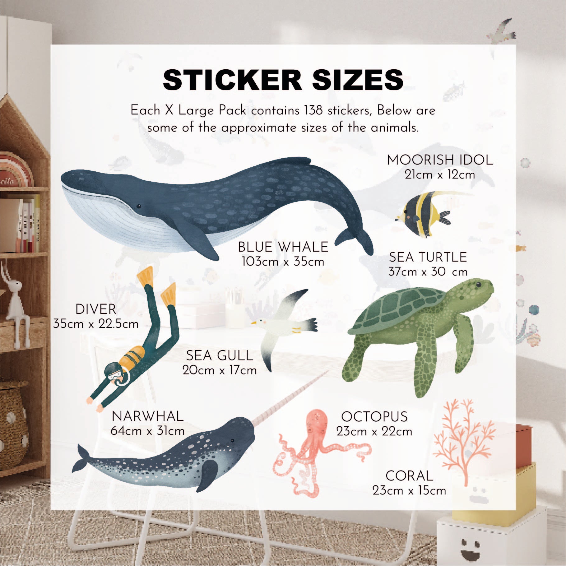 Sea Animals Stickers by My Store showcase wall decals like a blue whale (103x35cm), narwhal (46x31cm), diver (35x25cm), seagull (20x17cm), sea turtle (36x25cm), octopus (23x22cm), and coral (23x15cm). These create a stunning ocean-themed room decor.