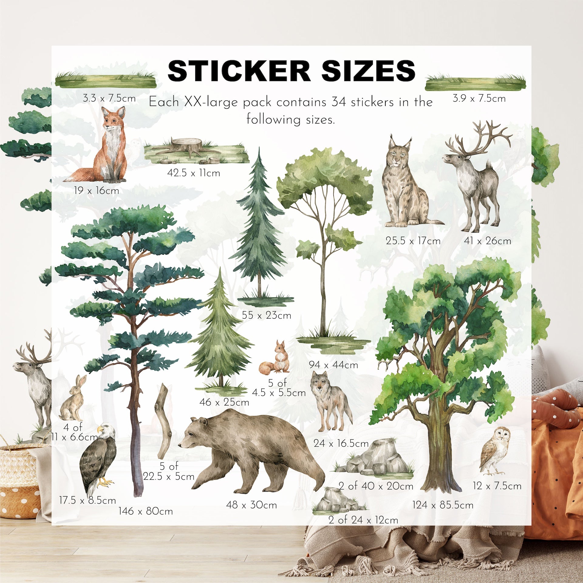 The Illustrated chart features My Stores Woodland Animals Nursery Stickers, displaying foxes, bears, deer, and lynx among trees. Each removable decals size in centimeters is noted. A forest-themed aesthetic on a wooden table background enhances these charming wall stickers.