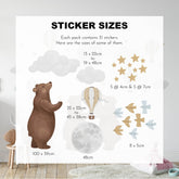 Explore My Stores Bears & Moon Stickers size chart, featuring nursery wall decals like a 100x59cm bear, 48cm hot air balloon, stars, clouds, and birds. Perfect for dreamy spaces, these removable stickers transform any room.