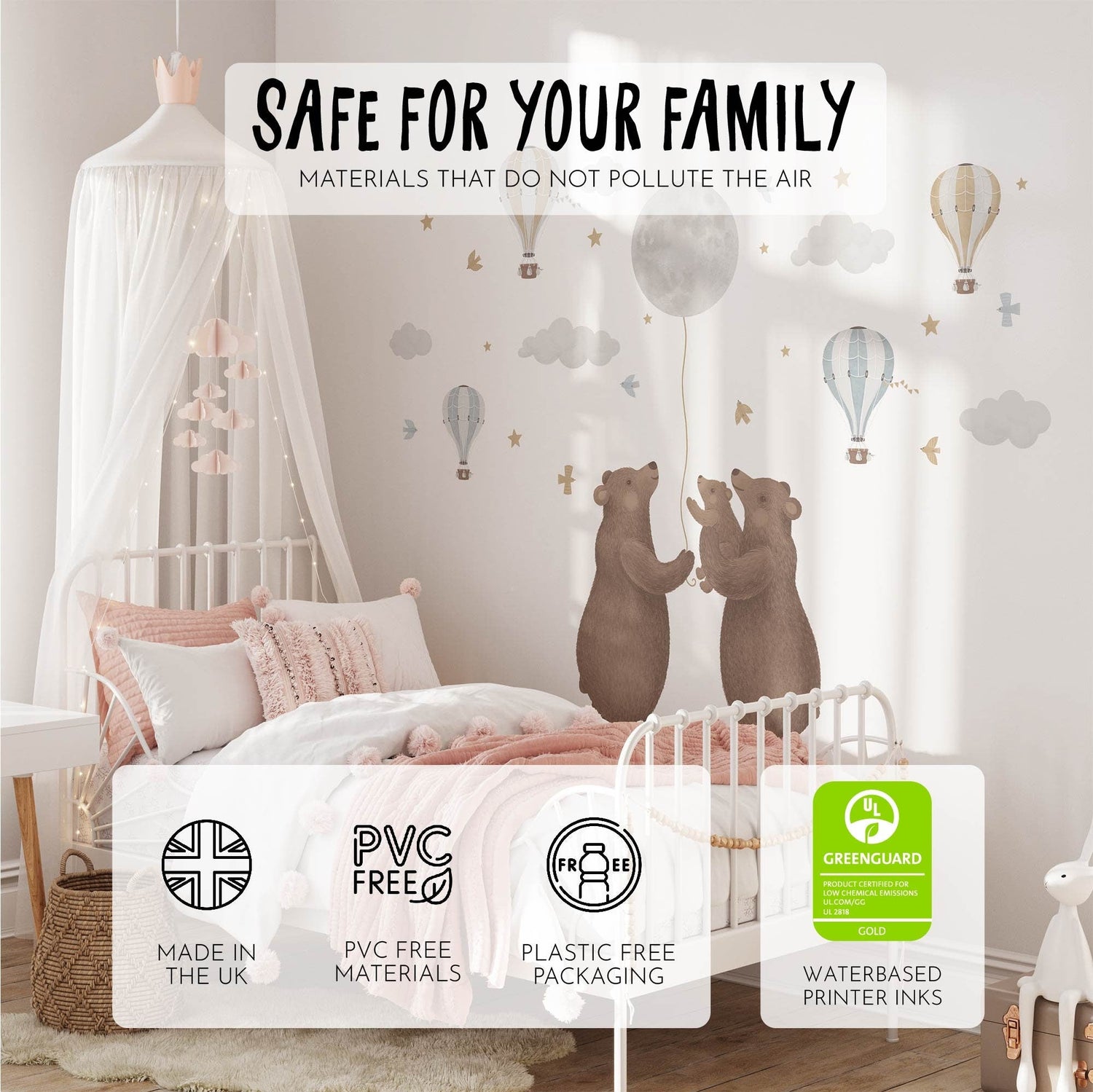 A childs bedroom features a white bed, teddy bear illustrations, and My Stores Bears & Moon Stickers. With labels highlighting their eco-friendly qualities: UK made, PVC-free materials, plastic-free packaging, and Greenguard certified non-toxic inks. Removable nursery decals add playfulness.