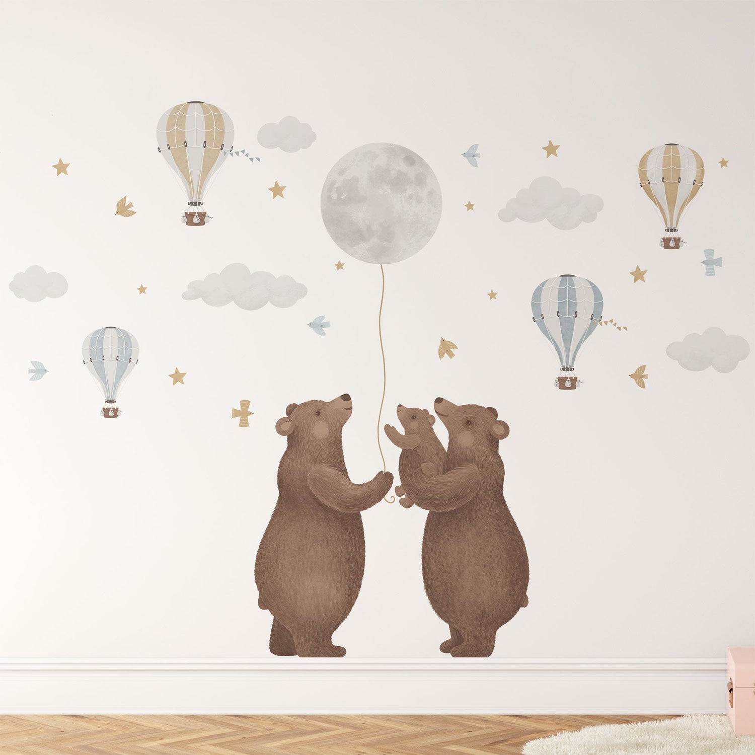 The Bears & Moon Stickers by My Store are whimsical, removable wall decals featuring two large bears and a cub with a balloon under the moon. This dreamy scene, complete with pastel clouds, birds, stars, and hot air balloons, is perfect for nursery walls.