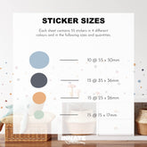 A chart named Sticker Sizes displays the quantities and dimensions of My Stores Boho Polka Dots Stickers in four colors, featuring 10 stickers at 55x50mm, 15 at 35x36mm, 15 at 25x26mm, and 15 at 15x17mm against a backdrop with wicker baskets enhancing pastel wall decor.
