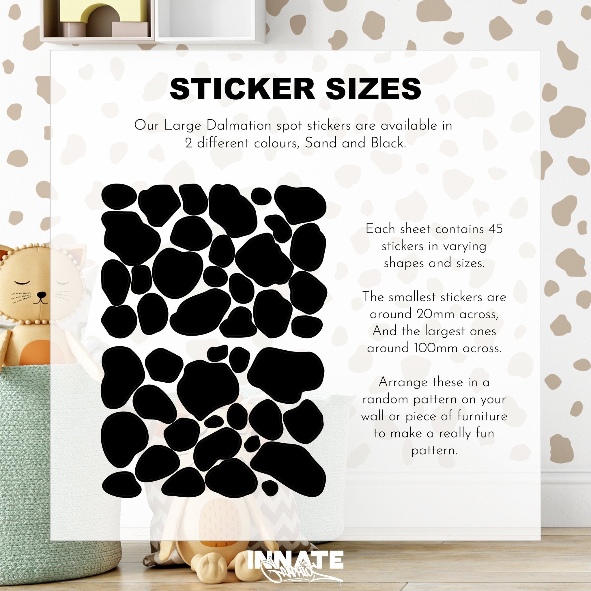 A nursery features a stuffed animal, basket, and a poster displaying My Stores Dalmatian Spot Large Stickers. Self-adhesive decals in various sizes offer size details and playful arrangement ideas for fun patterns.