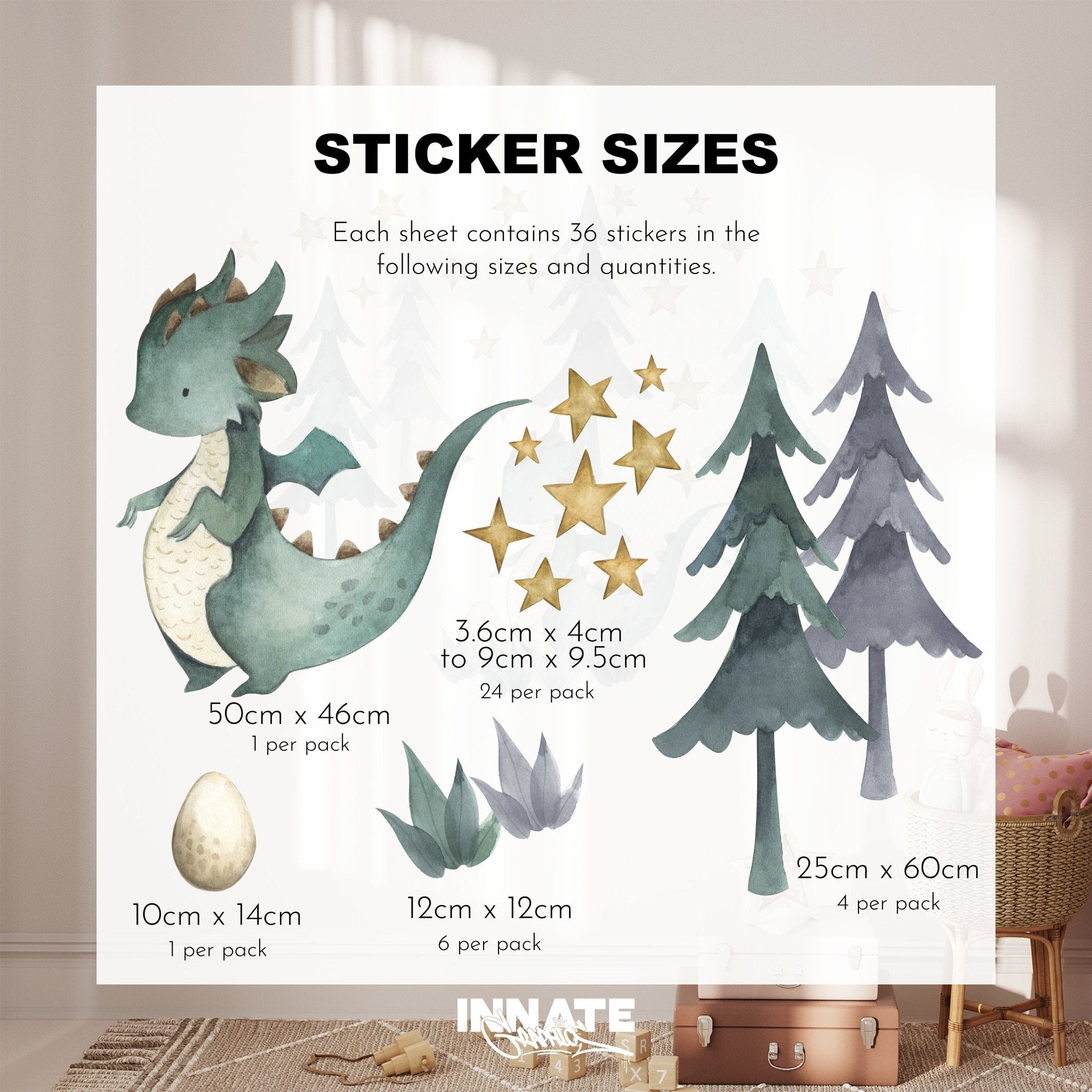 The Green Dragon Stickers by My Store include 36 easy-to-apply wall decals: watercolour dragon (50cm x 46cm), egg (10cm x 14cm), six stars (3.6cm to 9.5cm each), and trees (12cm x 12cm & 25cm x 60cm). Ideal for enhancing room decor.