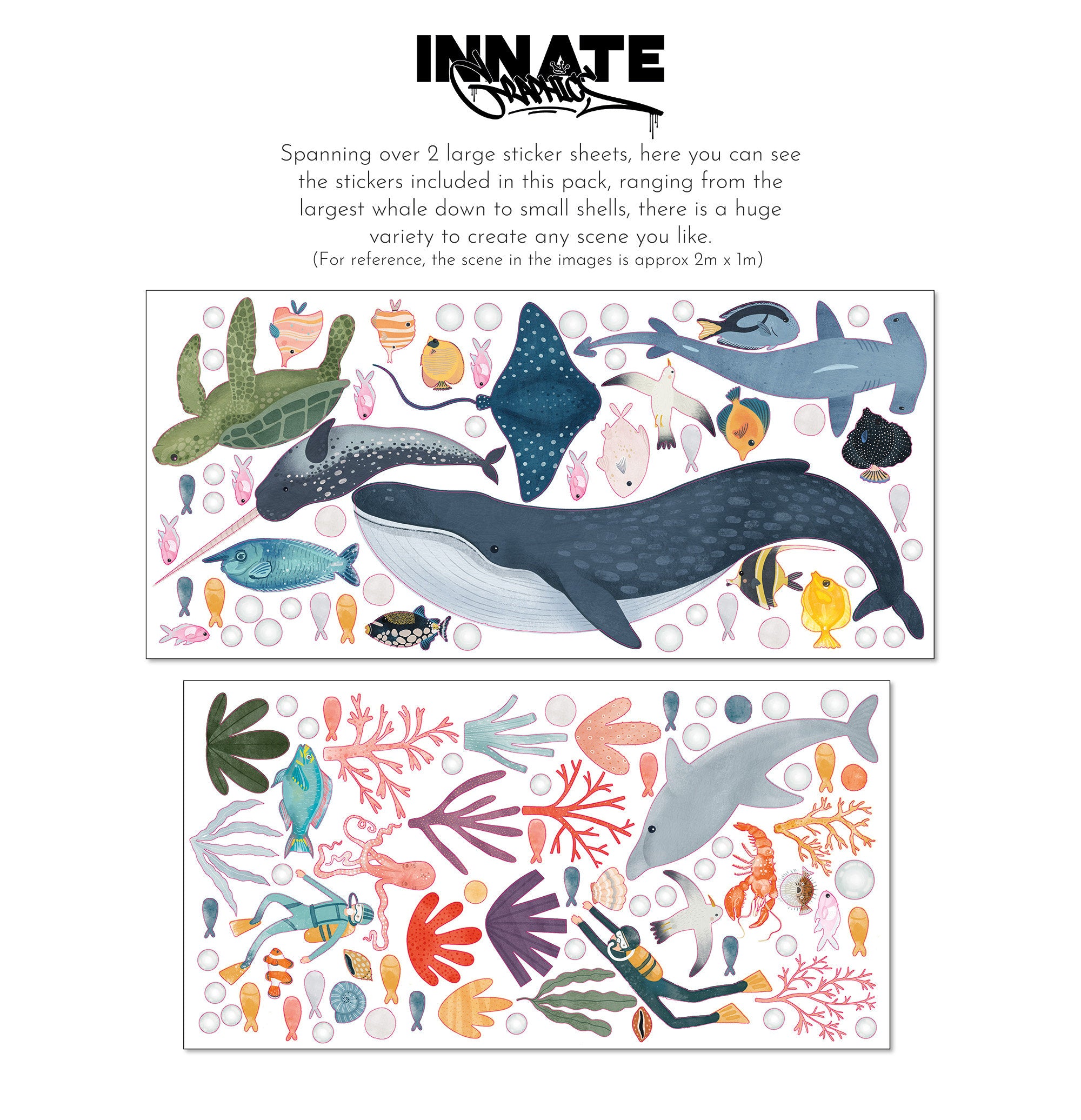 Discover the Sea Animals Stickers by My Store, showcasing sticker sheets with marine animals like whales, dolphins, turtles, fish, plus seashells and sea plants. Arrange these vibrant decals to craft unique oceanic scenes as wall stickers.