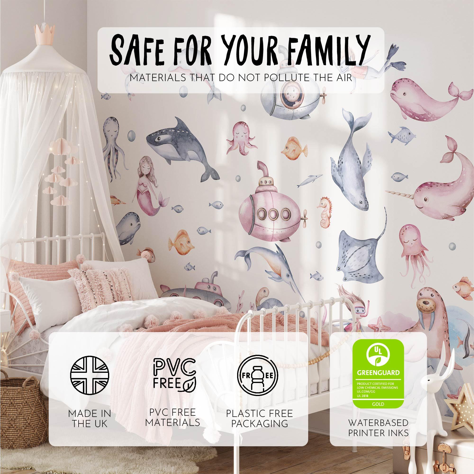 The childrens room features Under The Sea Nursery Wall Stickers by My Store, showcasing whales, fish, and a submarine. These eco-friendly UK-made decals are PVC and plastic-free, printed with water-based inks. A cozy bed with pillows is in the foreground.