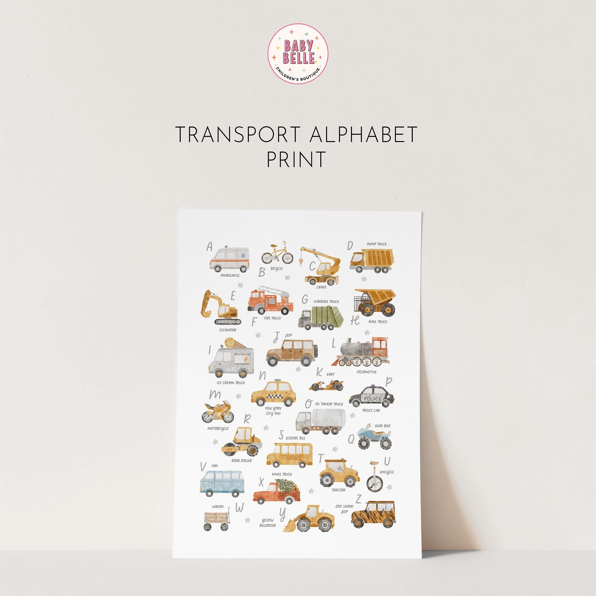 The Transport Alphabet & Numbers Print by My Store is a charming nursery art piece featuring vehicles for each letter, like an ambulance for A, bulldozer for B, and car for C against a light background. This educational print sparks curiosity in young minds.