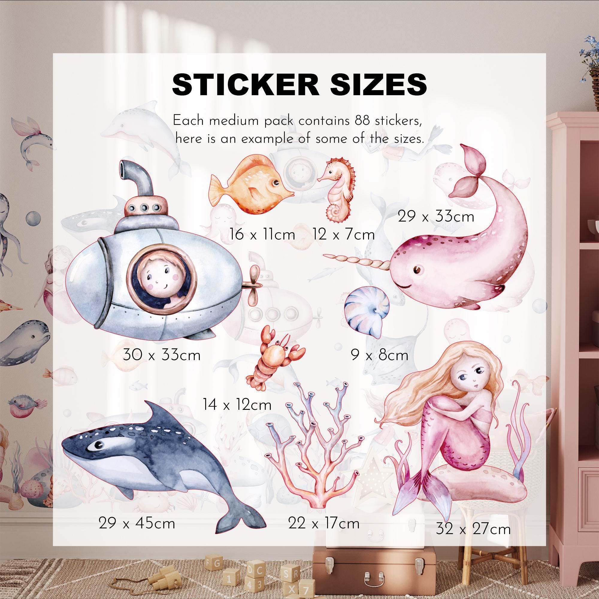 The Under The Sea Nursery Wall Stickers by My Store features a sheet of removable decals in various sizes, including a submarine, fish, narwhal, whale, seahorse, and mermaid. Each comes with measurements against a childrens room backdrop—ideal for a playful marine-themed space.