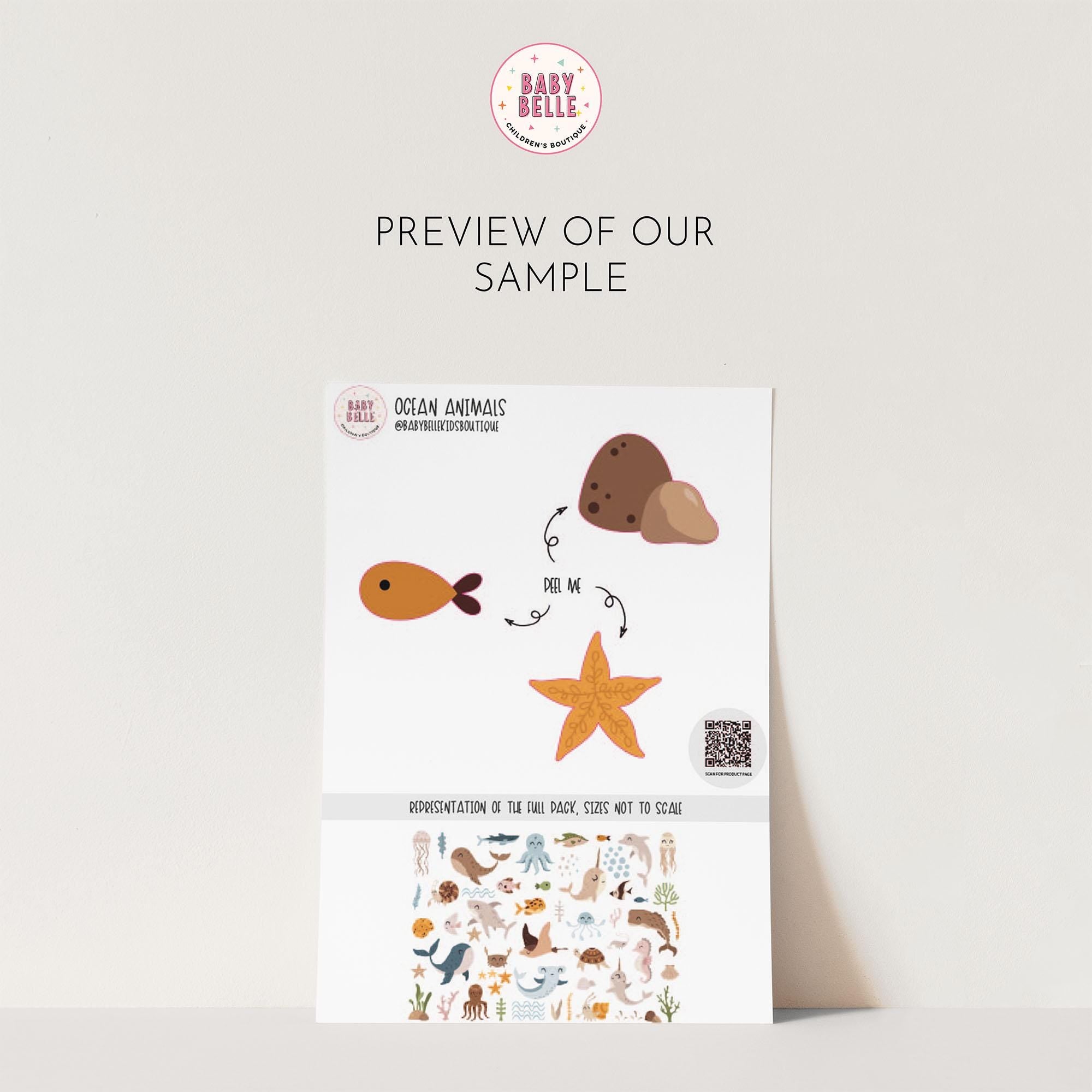 A preview from My Stores Ocean Animals Stickers shows removable wall decals featuring ocean animals like a fish, starfish, and a rock. The sheet includes Peel Me notes, a QR code, and a decorative border of small animal drawings.