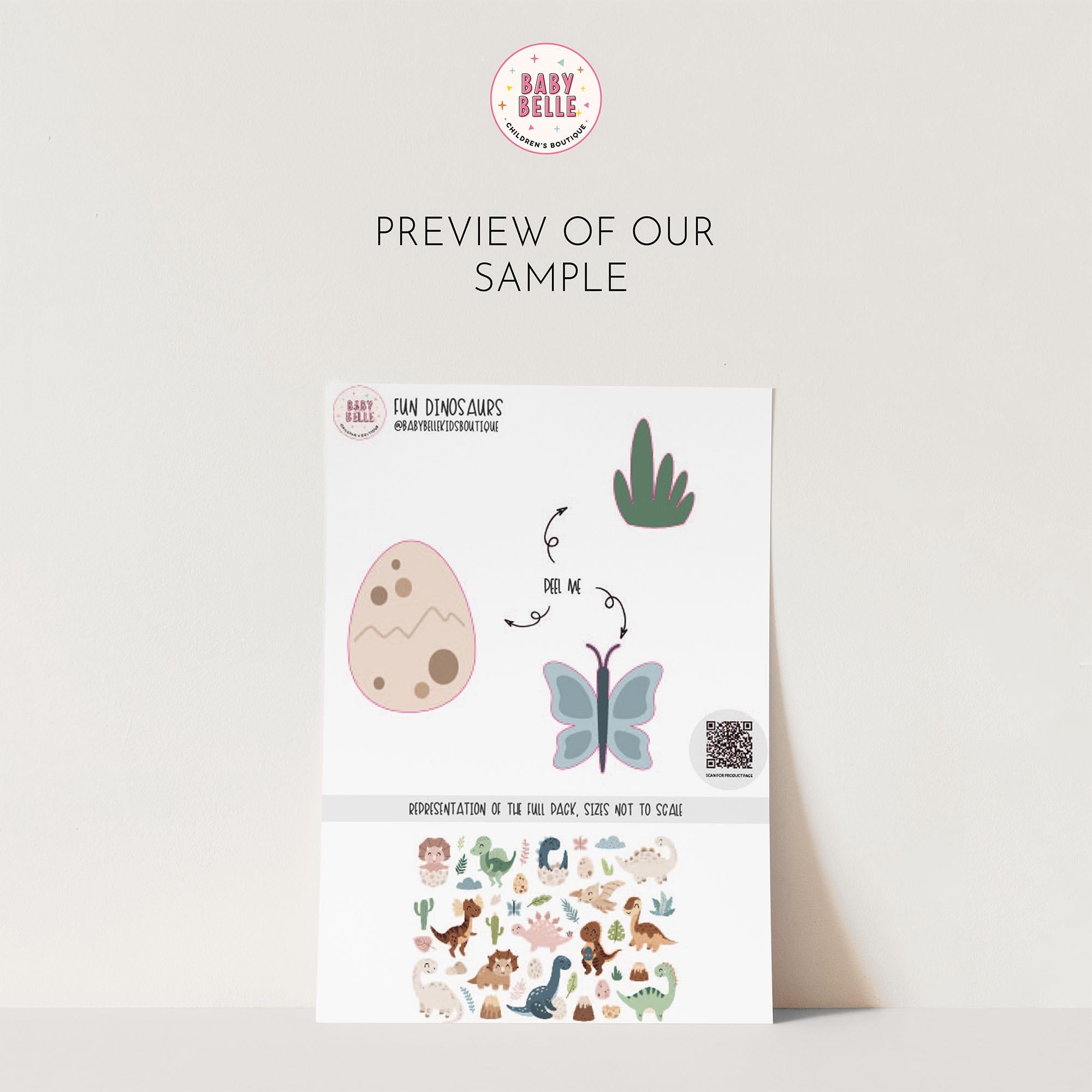 A preview image for My Stores Fun Dinosaurs Stickers shows pastel drawings of a dinosaur egg, leaves, a butterfly, and a cactus-like plant resembling wall decals. Small animal illustrations adorn the bottom section.
