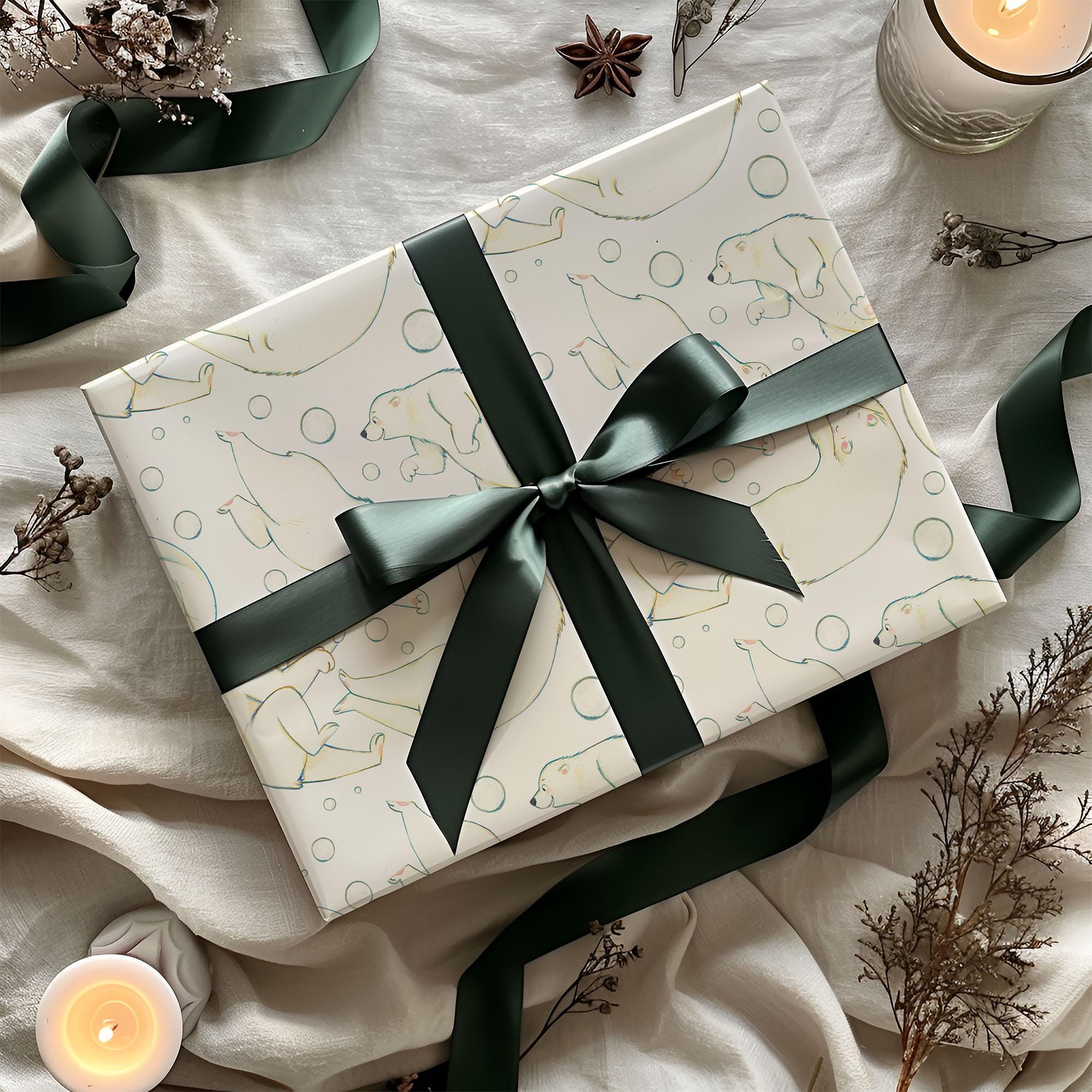 Christmas Polar Bears Gift Wrapping Paper, Eco Friendly Gift Wrap, 100% Recyclable, Luxury Sustainable Kraft Xmas Gift Wrap.