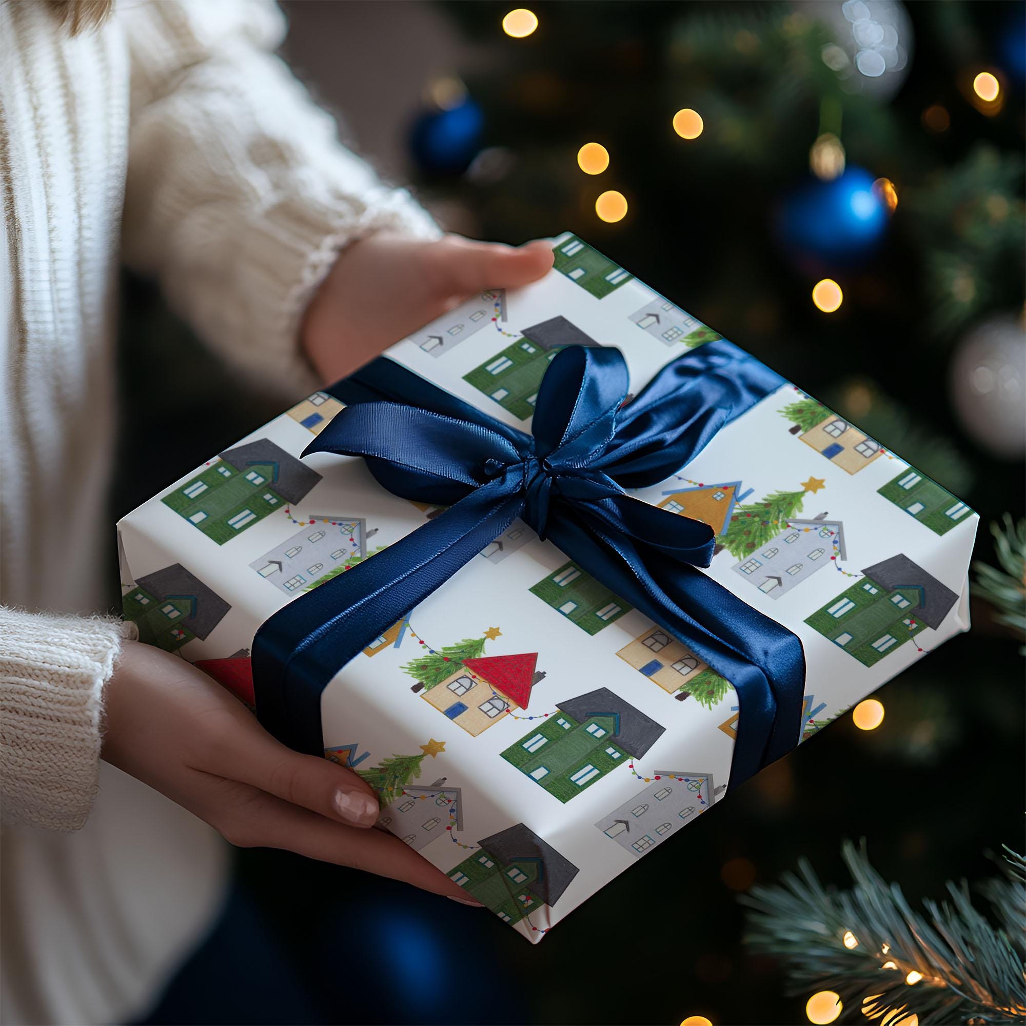 Christmas Festive Houses Gift Wrapping Paper, Eco Friendly Gift Wrap, 100% Recyclable, Luxury Sustainable Kraft Xmas Gift Wrap.
