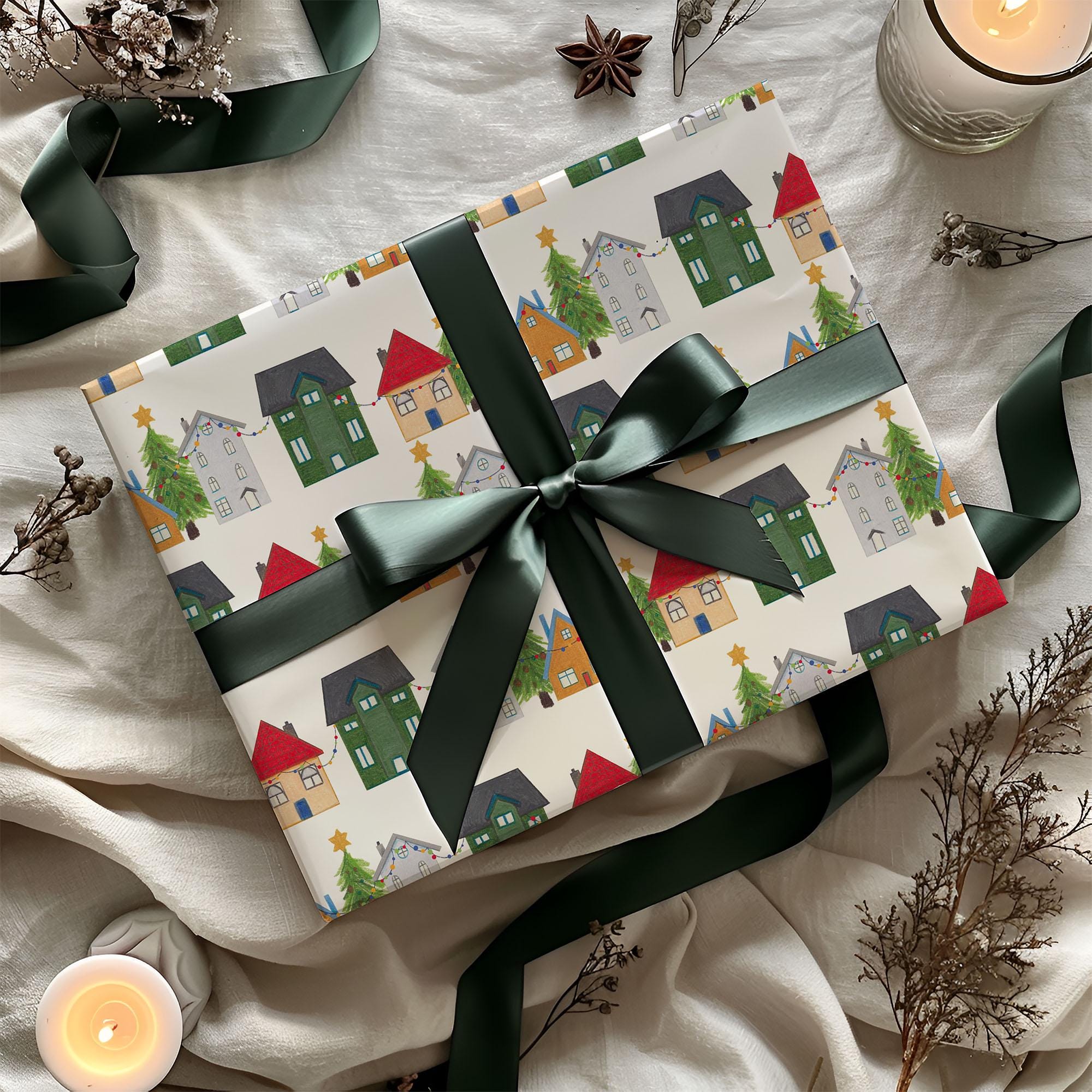 Christmas Festive Houses Gift Wrapping Paper, Eco Friendly Gift Wrap, 100% Recyclable, Luxury Sustainable Kraft Xmas Gift Wrap.