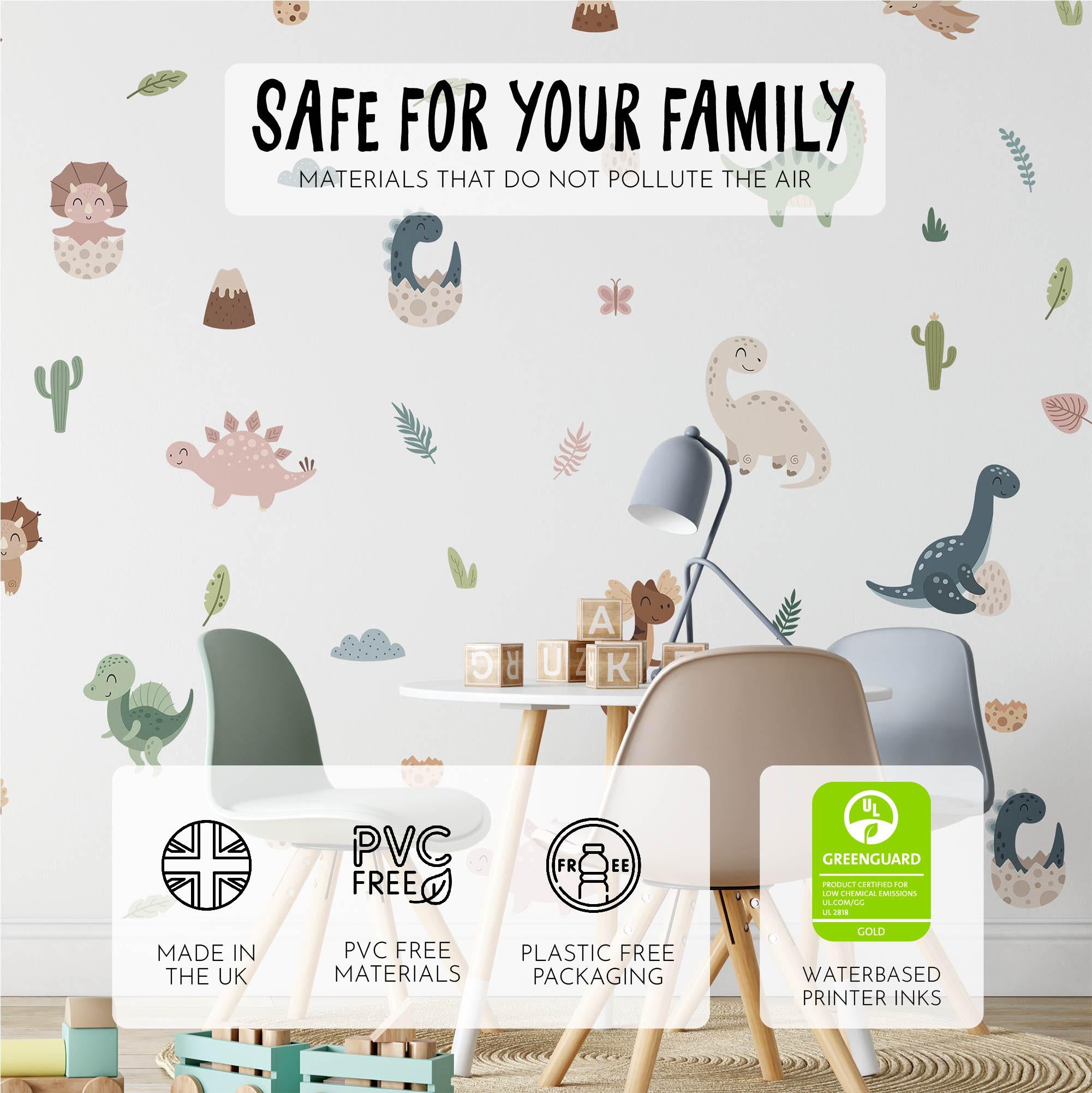 A childrens room showcases My Stores Fun Dinosaurs Stickers, a small table, two chairs, and decorative letter blocks. These products emphasize safety with their PVC-free materials, plastic-free packaging, and eco-friendly ink.
