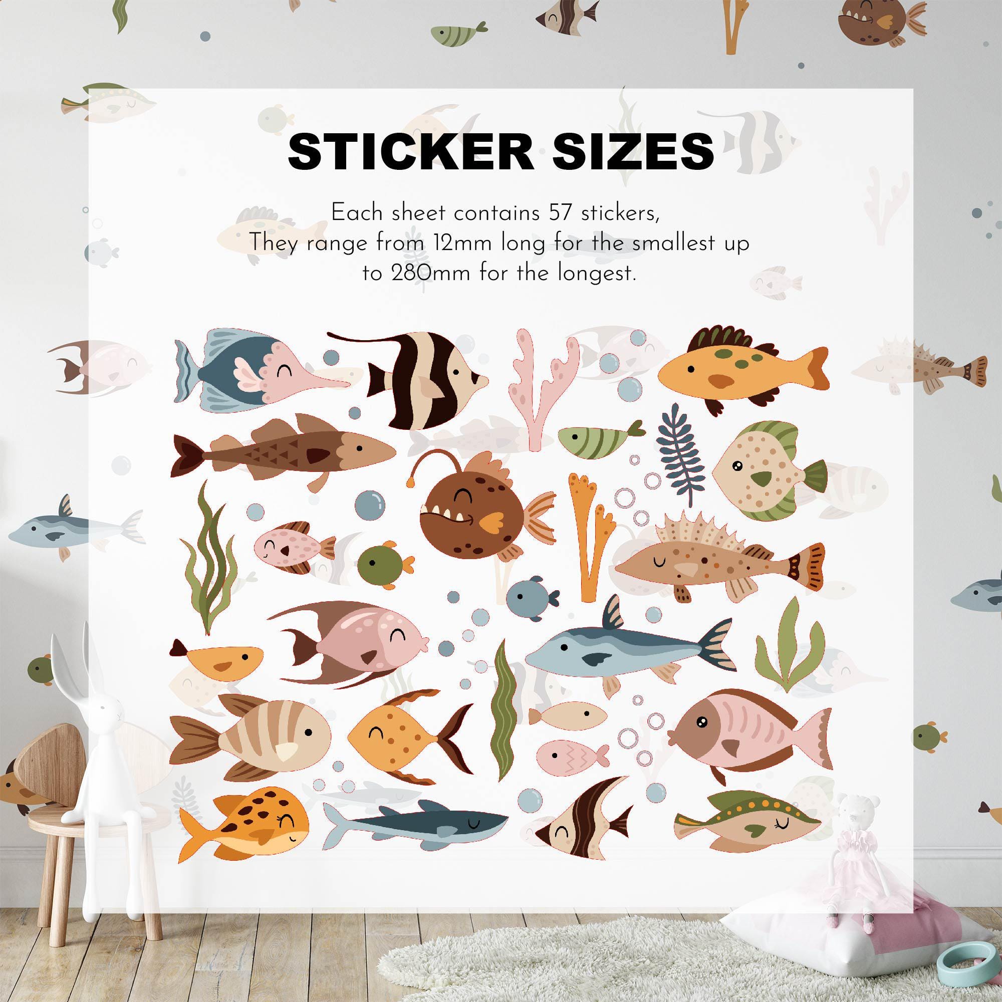 A room features My Stores Ocean Fish Stickers, highlighting 57 marine-themed decals of sea animals ranging from 12mm to 280mm. A chair and stuffed toy complete the scene.