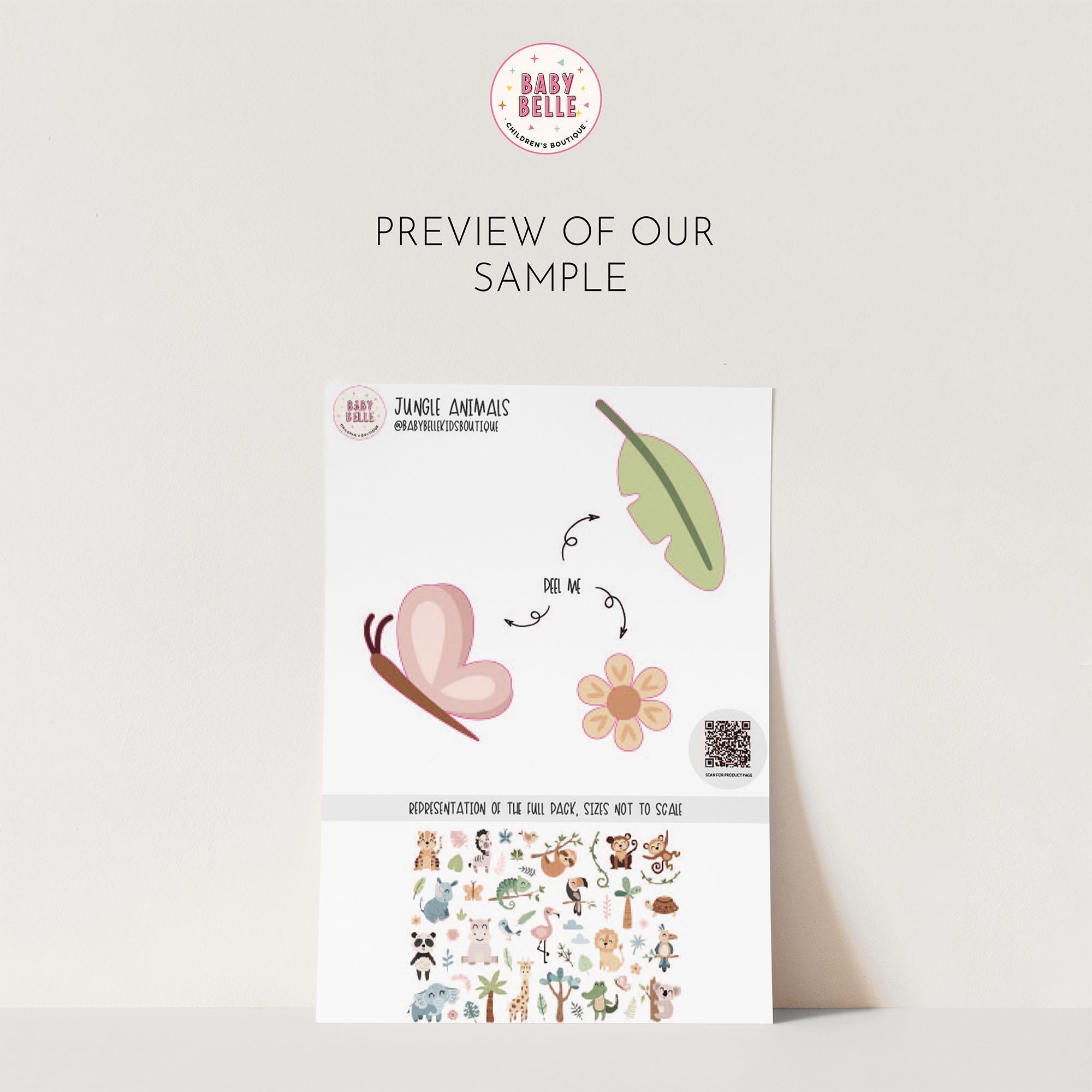 Check out a preview of Jungle Animal Wall Stickers by My Store. The sheet includes decals like a butterfly, leaf, flower, and various animals for nursery decor, with scale representation notes and a QR code at the bottom right.