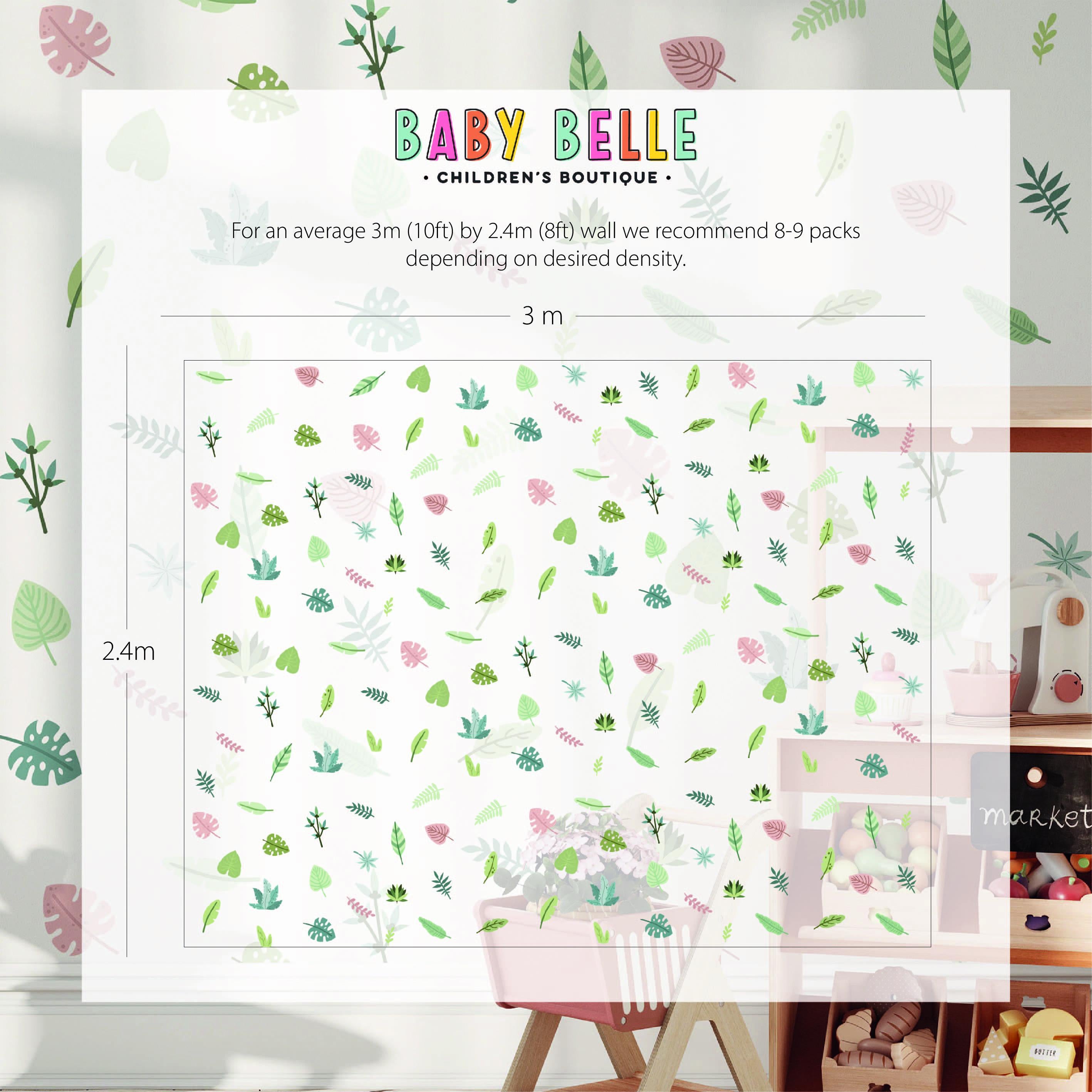 A room decorated with wallpaper from BABY BELLE CHILDRENS BOUTIQUE measuring 3m x 2.4m can be enhanced with My Stores Tropical Leaves Nursery Wall Stickers and 8-9 wallpaper packs for a lush ambiance.