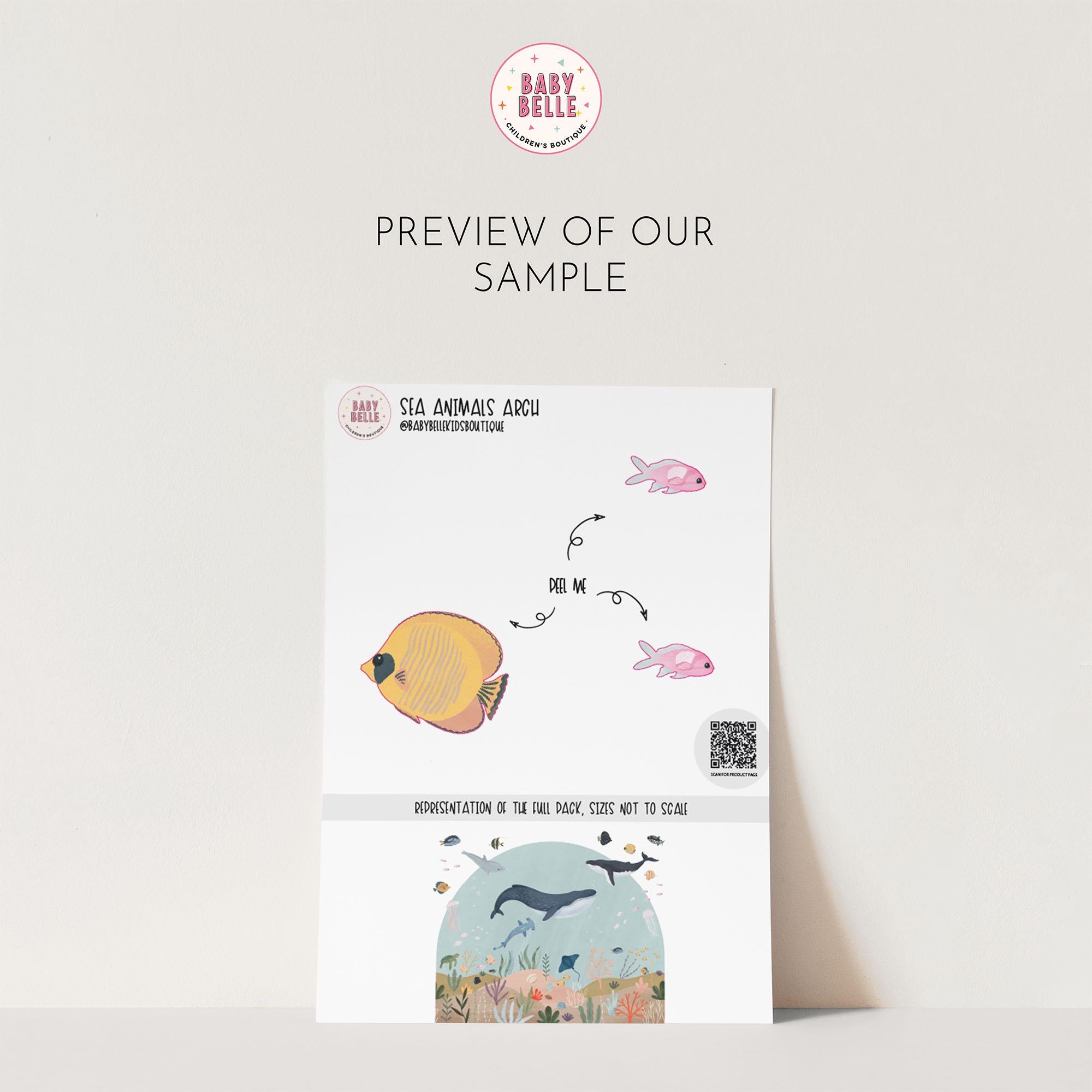 Celebrate a baby shower with an enchanting invitation card, featuring charming sea animals. The top showcases colorful fish alongside a QR code, while the bottom reveals a whimsical scene reminiscent of My Stores Sea Animals Arch Wall Sticker, with a whale and fish swimming amid coral.