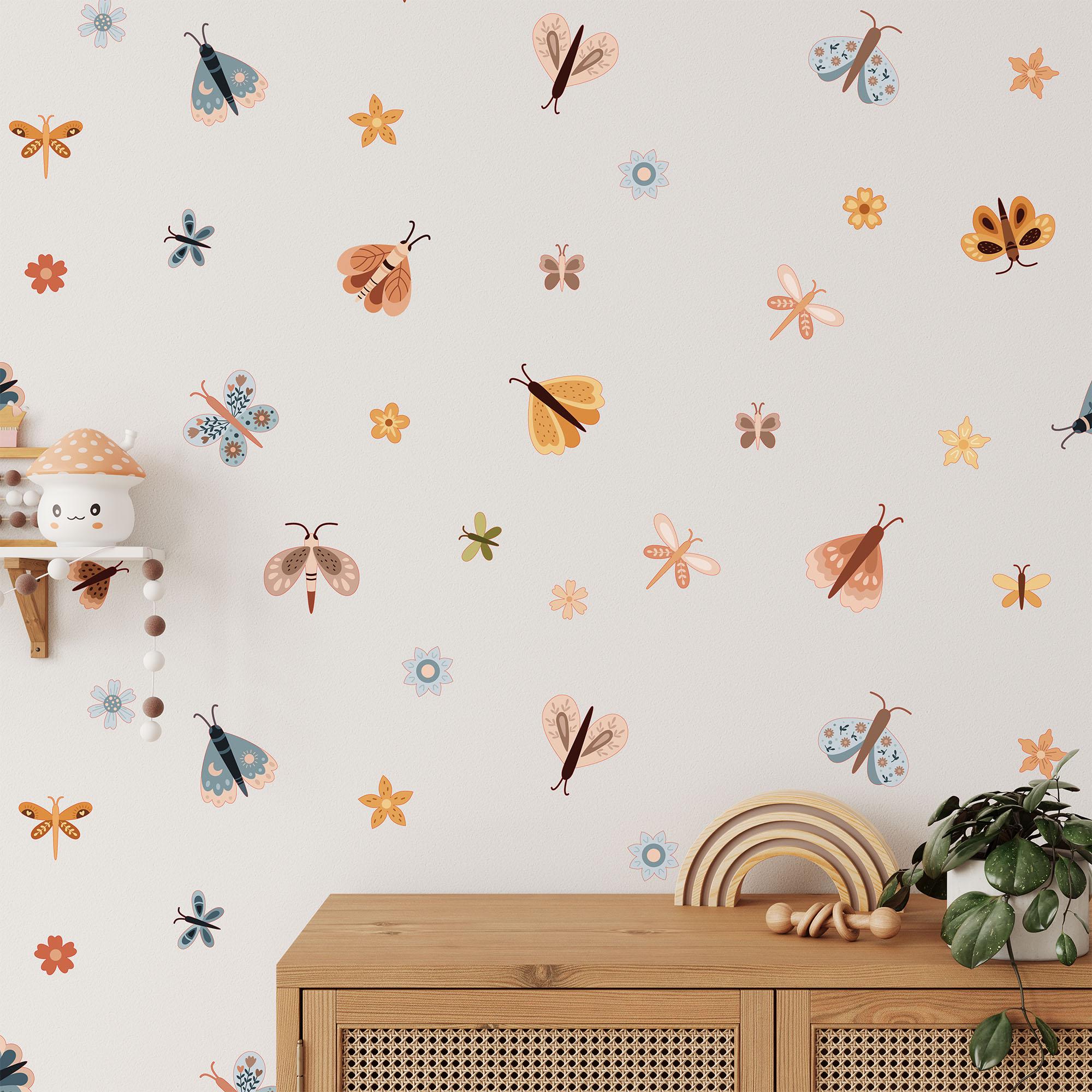 Butterfly & Flowers Wall Decals, Butterflies Nursery Art Stickers, Nursery Decor, Removable Wall Art, Daisy Polka Dot Decals, Peel And Stick