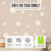 The Daisy Wall Decals from My Store have a beige background with white and yellow floral patterns, ideal for nursery decor. Made in the UK, theyre PVC and plastic-free, Greenguard certified, and safe for your family with materials that wont pollute the air.