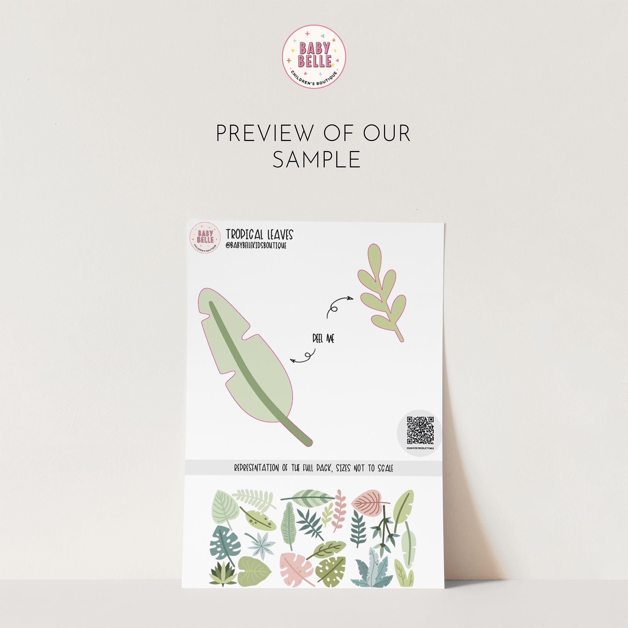 A sheet titled Tropical Leaves Nursery Wall Stickers by My Store features two large leaves marked Print Me and various smaller, colorful tropical leaf decals on a light beige background, ideal for adding vibrancy to any space.