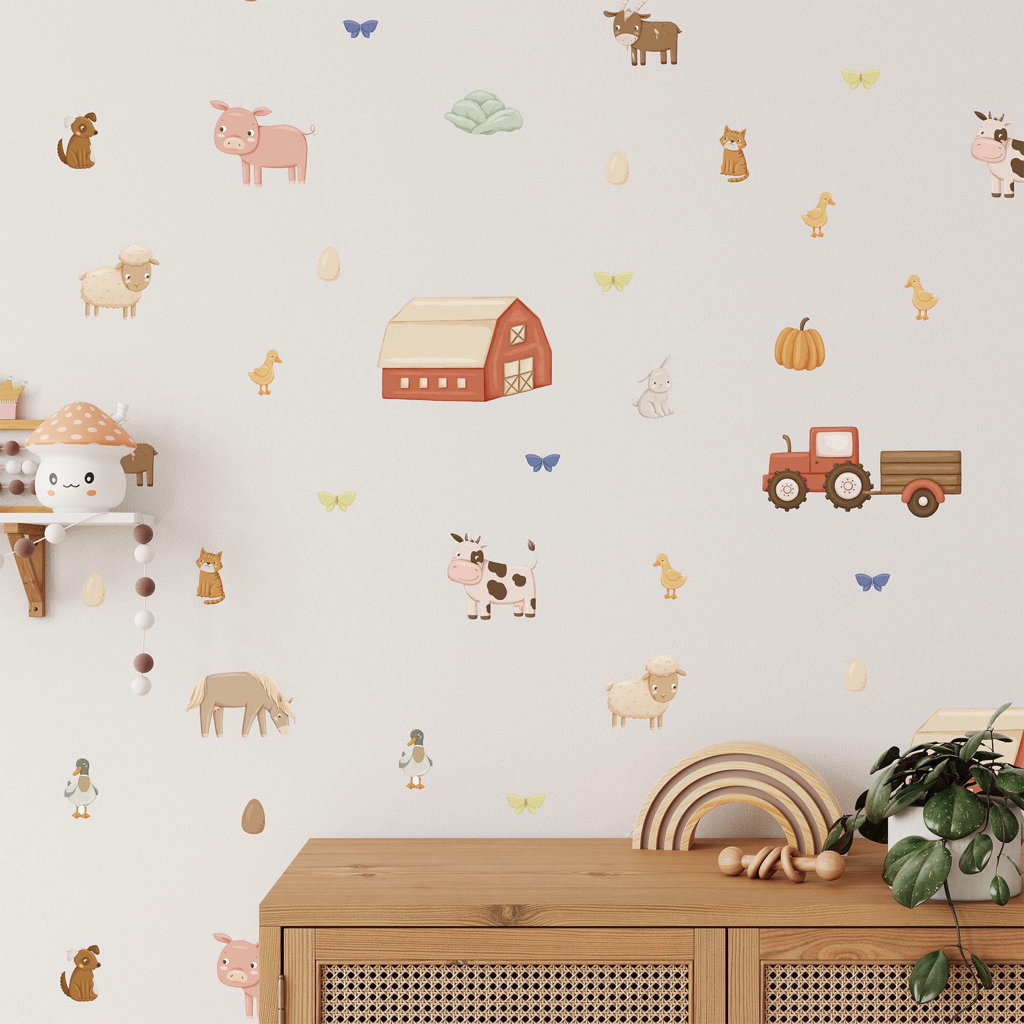 On The Farm Wall Decals, Kids Room Animal Wall Stickers, Nursery Theme, Playroom, Bedroom Decor, Peel & Stick Animal Decals,