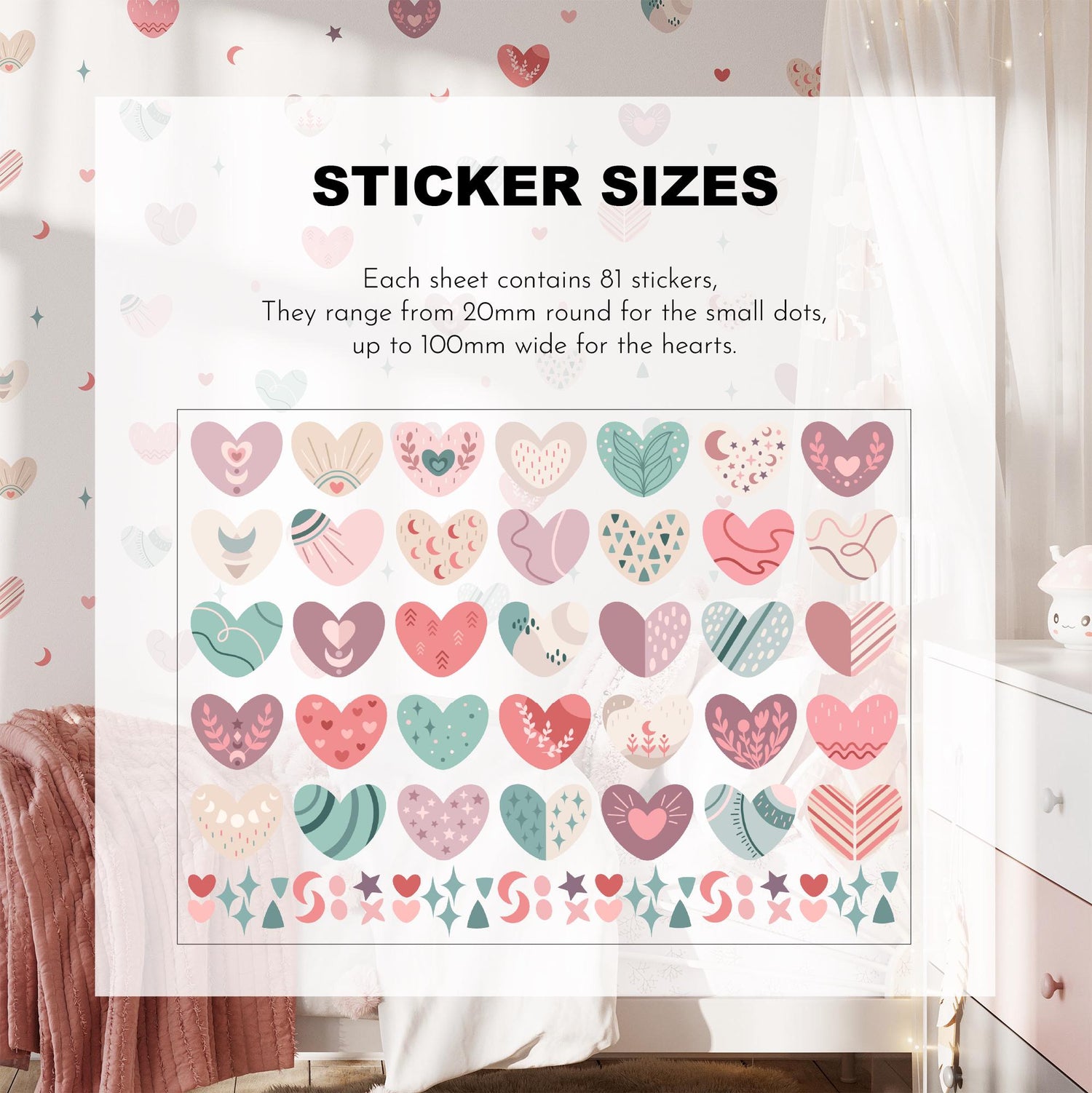Boho Hearts Wall Decals, Nursery Decor, Removable Wall Stickers, Polka Dot Decals, Peel and Stick, Lion, Valentines Day