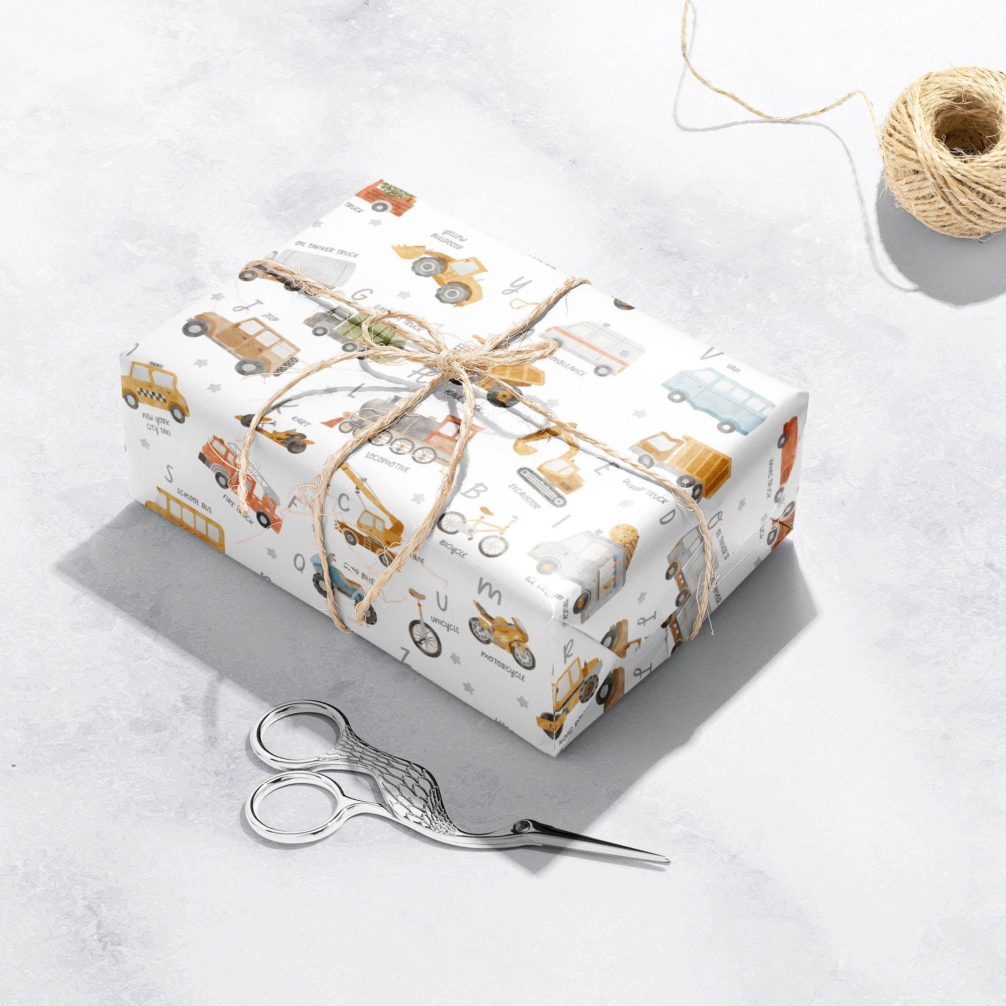 Transport Gift Wrap, Eco Friendly Kids Gift Wrapping Paper, 100% Recyclable, Luxury Sustainable Kraft Birthday.
