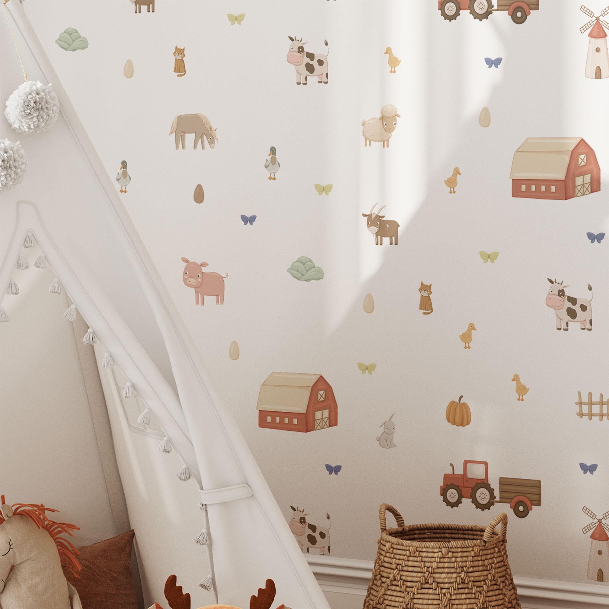 On The Farm Wall Decals, Kids Room Animal Wall Stickers, Nursery Theme, Playroom, Bedroom Decor, Peel & Stick Animal Decals,