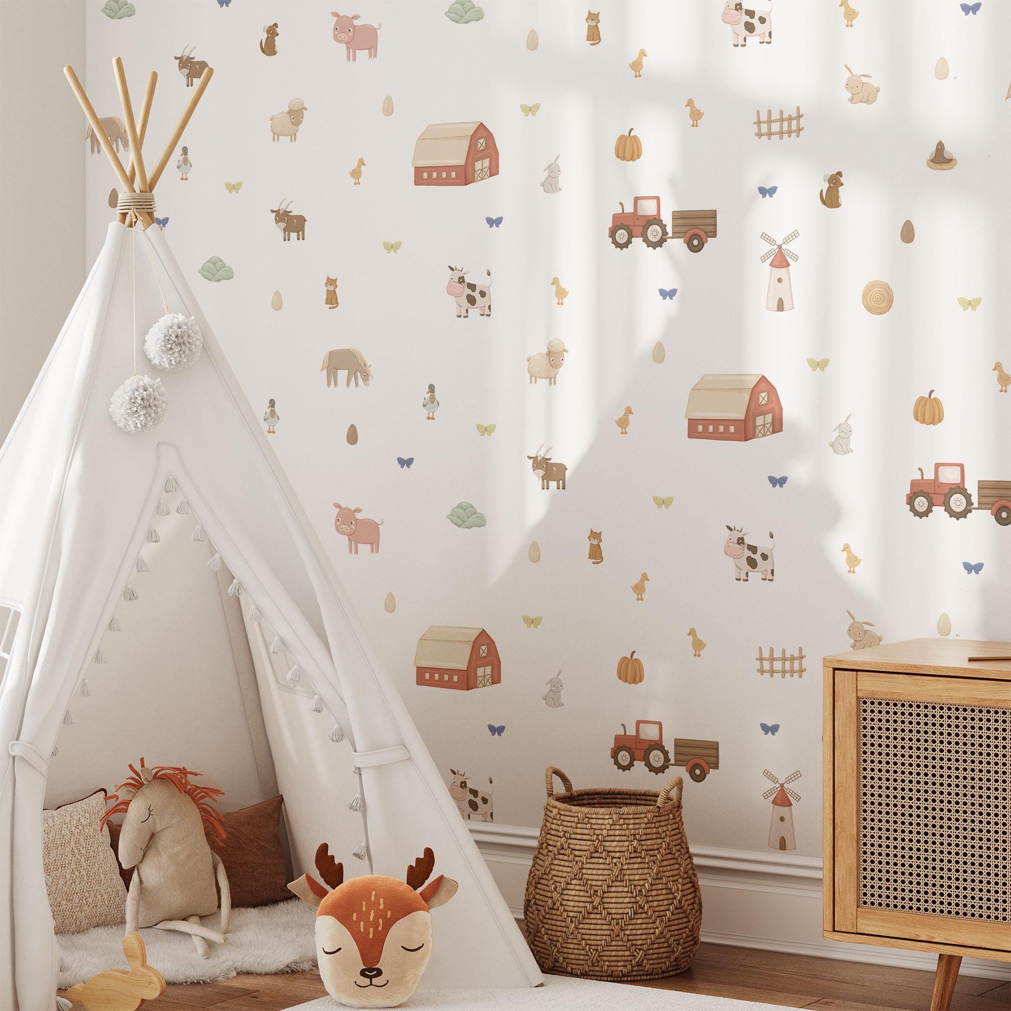 On The Farm Wall Decals, Kids Room Animal Wall Stickers, Nursery Theme, Playroom, Bedroom Decor, Peel & Stick Animal Decals,
