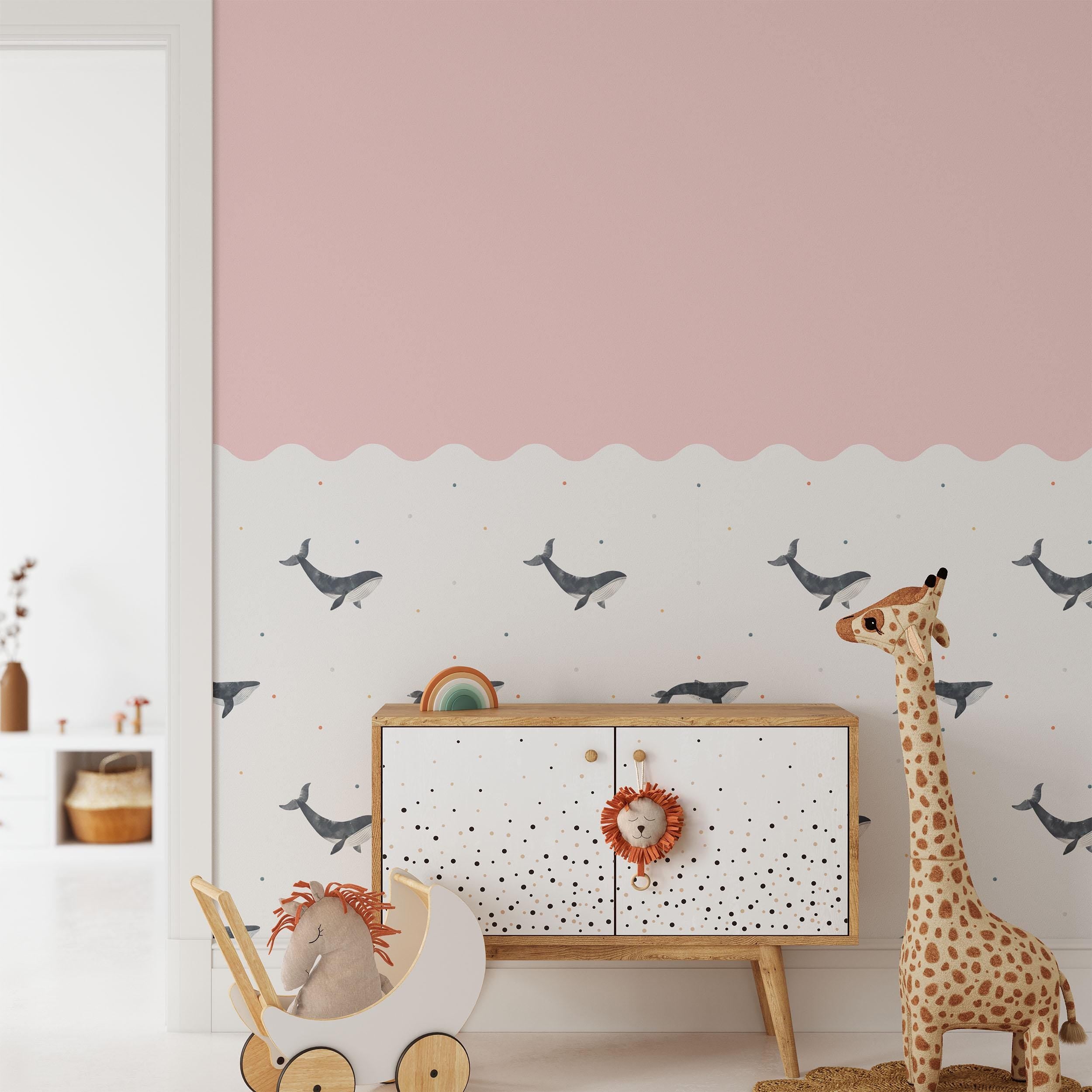 Whales Wall Panel, Half Wall Nursery Stickers, Sea Animals Nursery Decor, Removable Art, Polka Dot Decals, Peel & Stick