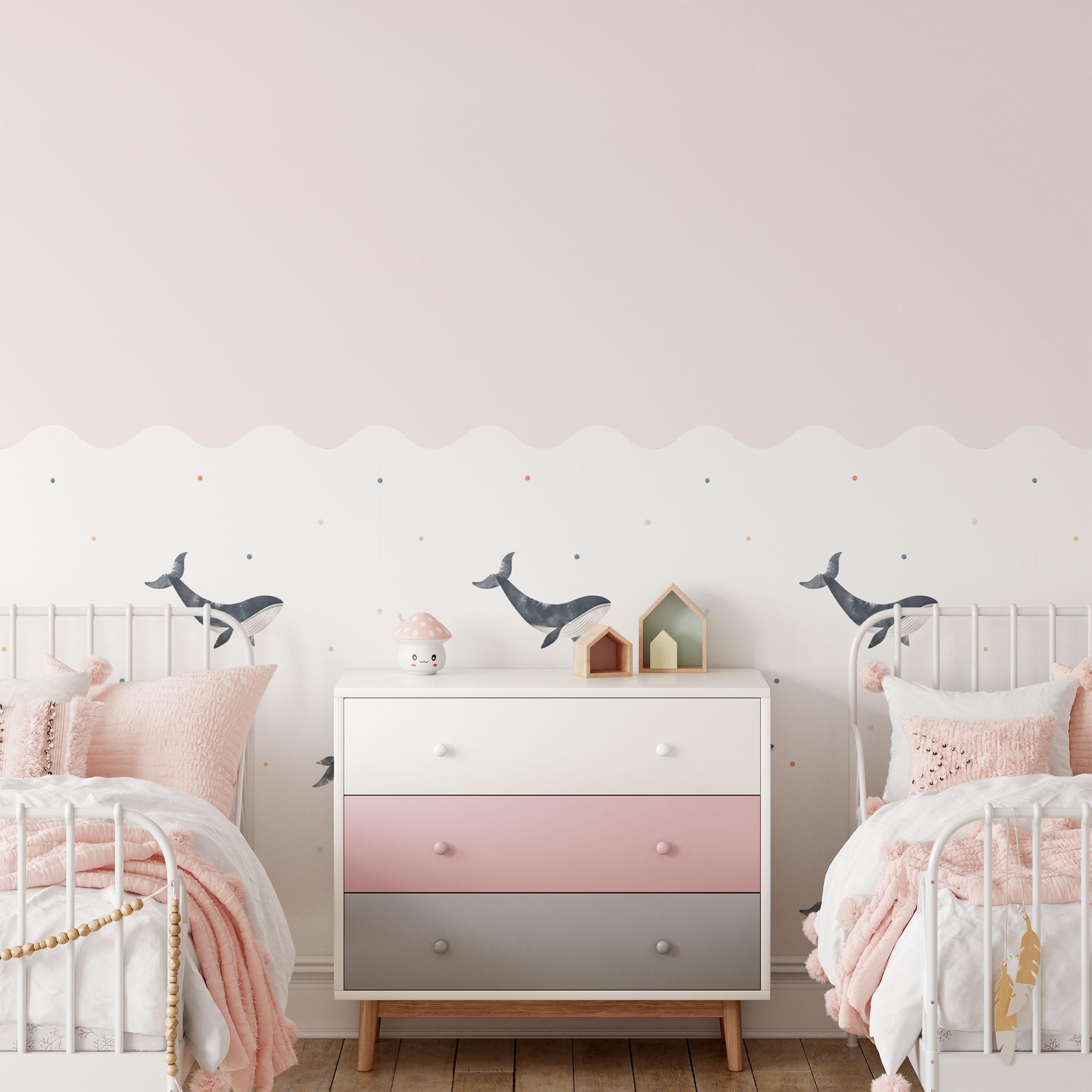 Whales Wall Panel, Half Wall Nursery Stickers, Sea Animals Nursery Decor, Removable Art, Polka Dot Decals, Peel & Stick