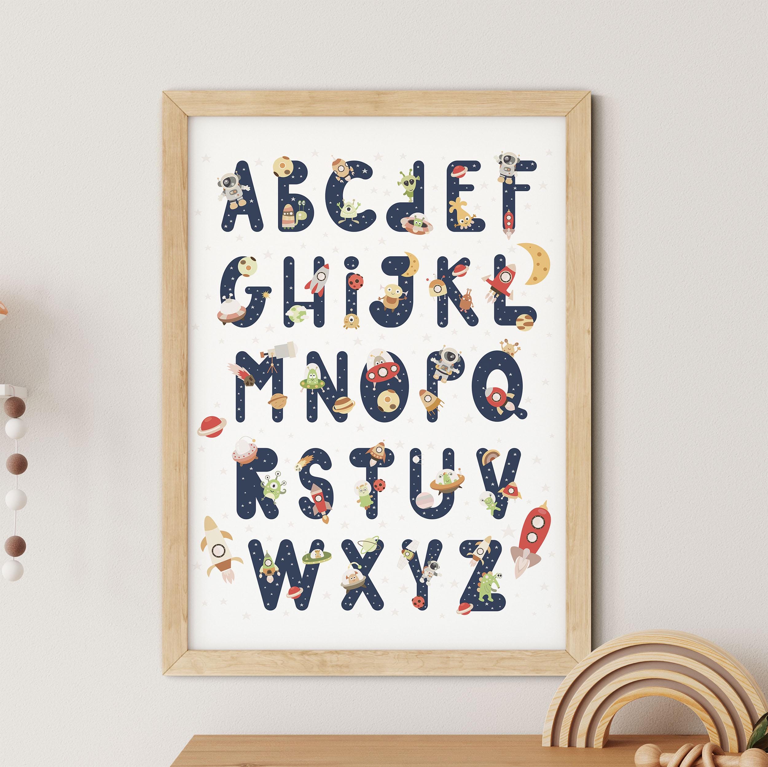 Space Alphabet Nursery Print, Astronaut Wall A-Z Planets Kids Room Wall Art, Poster Framed Art.