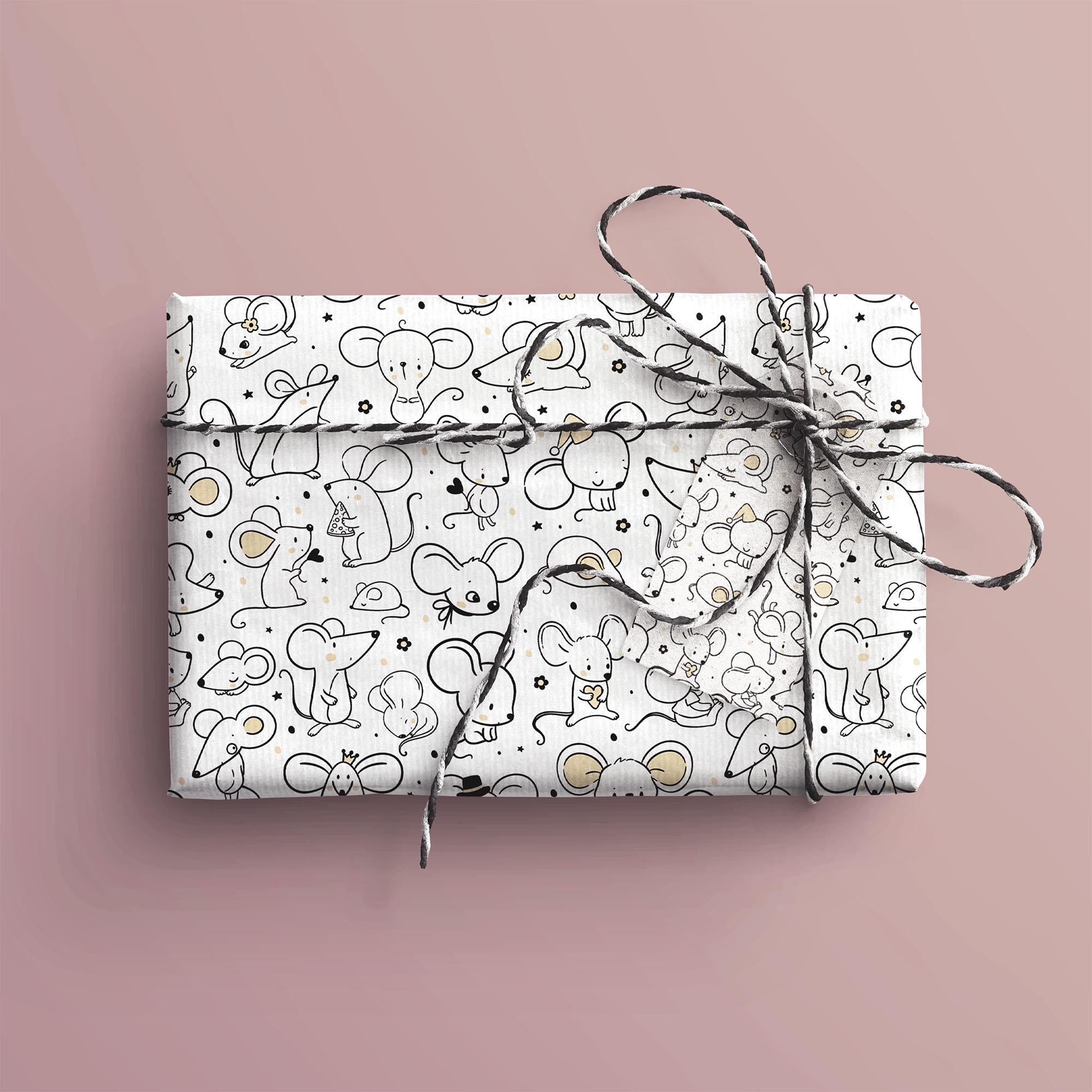 Cute Mice Gift Wrap, Eco Friendly Kids Gift Wrapping Paper, 100% Recyclable, Luxury Sustainable Kraft Birthday.