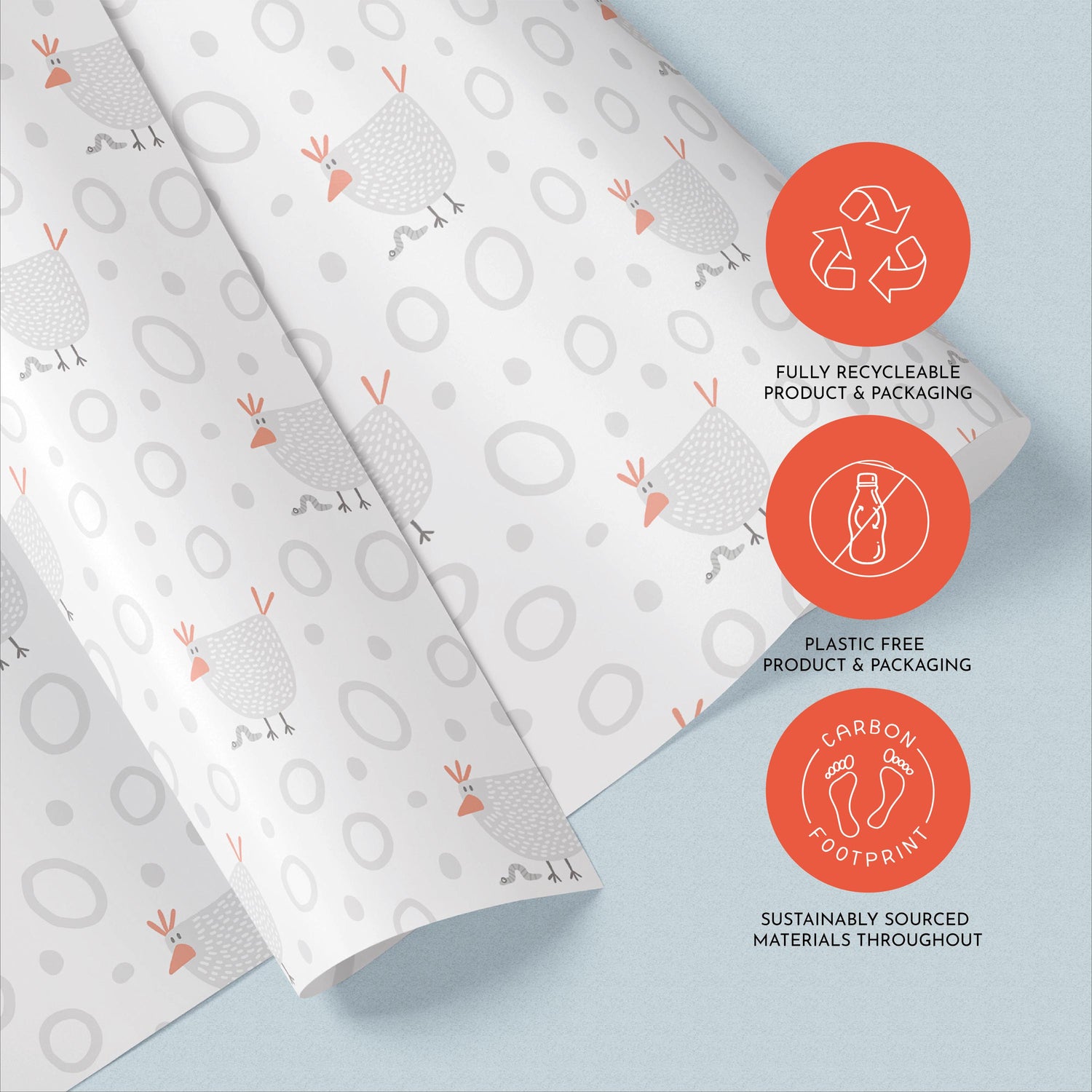 Chicken & Worm Gift Wrap, Eco-Friendly Farm Kids Gift Wrapping Paper, 100% Recyclable, Luxury Sustainable Kraft Birthday, Funny.