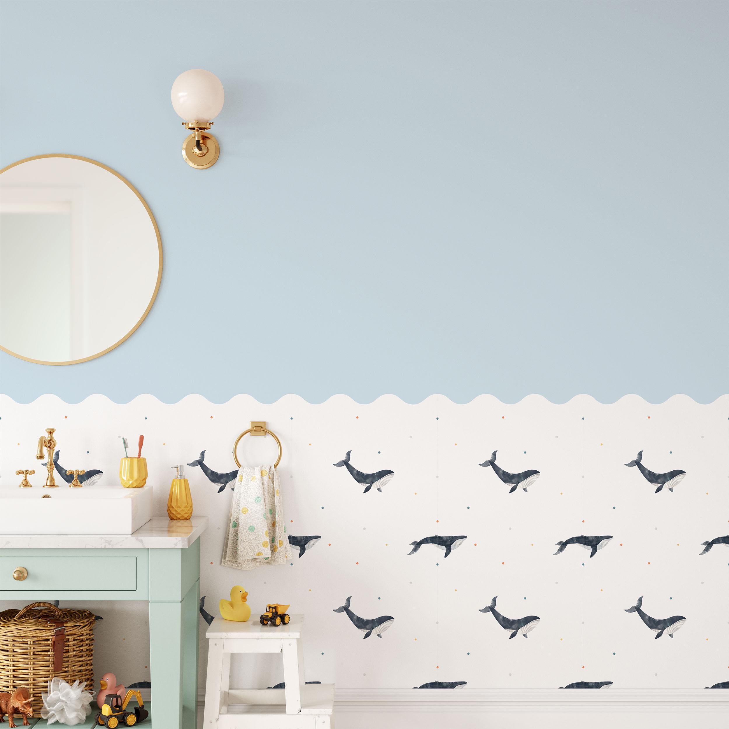 Whales Wall Panel, Half Wall Nursery Stickers, Sea Animals Nursery Decor, Removable Art, Polka Dot Decals, Peel & Stick