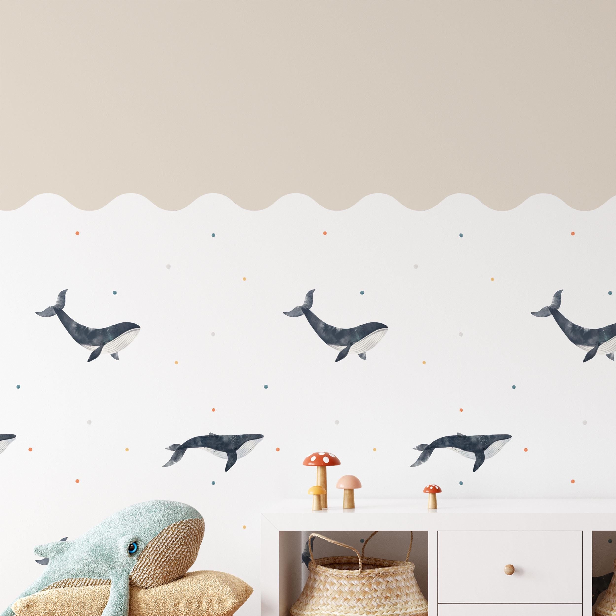 Whales Wall Panel, Half Wall Nursery Stickers, Sea Animals Nursery Decor, Removable Art, Polka Dot Decals, Peel & Stick