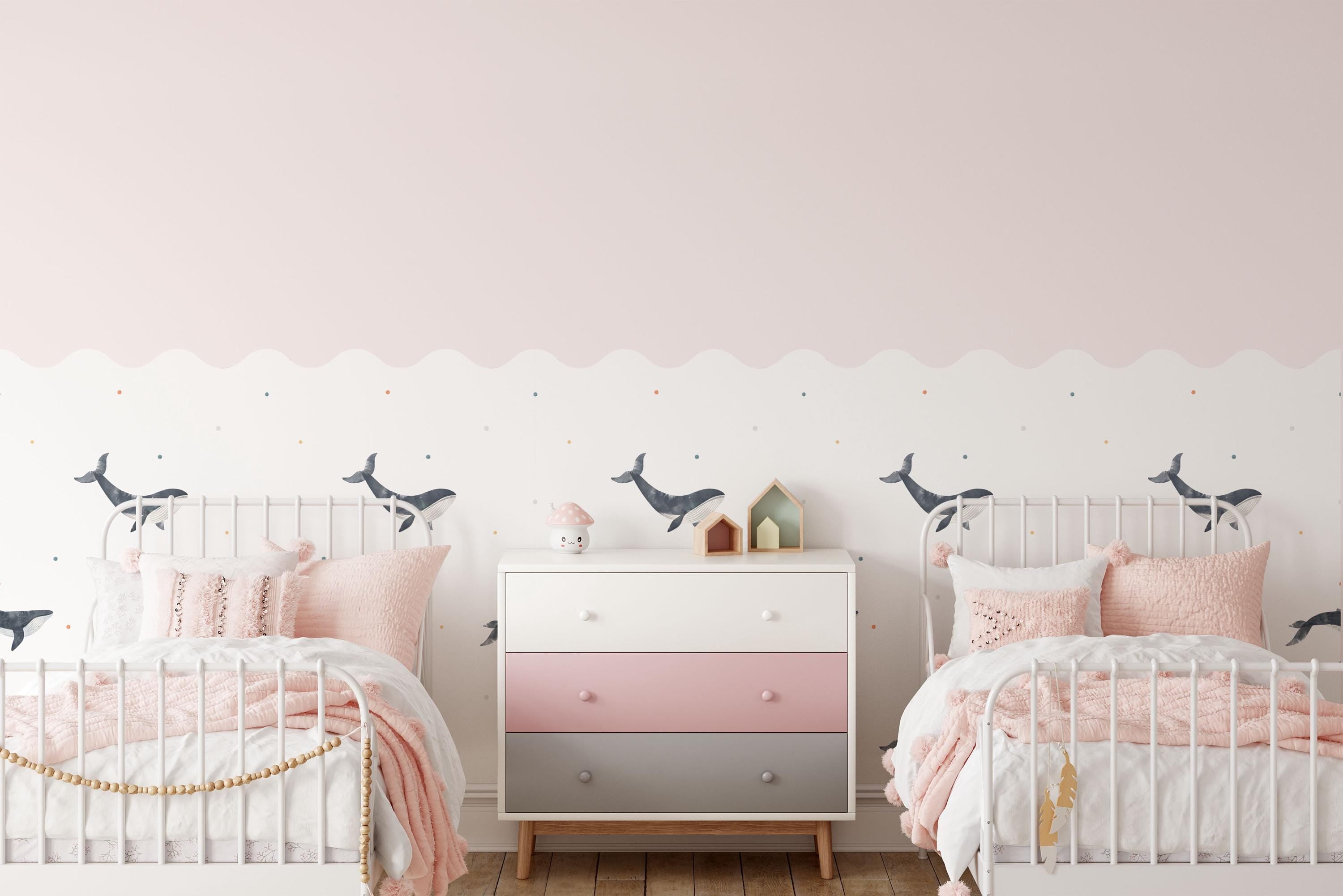 Whales Wall Panel, Half Wall Nursery Stickers, Sea Animals Nursery Decor, Removable Art, Polka Dot Decals, Peel & Stick