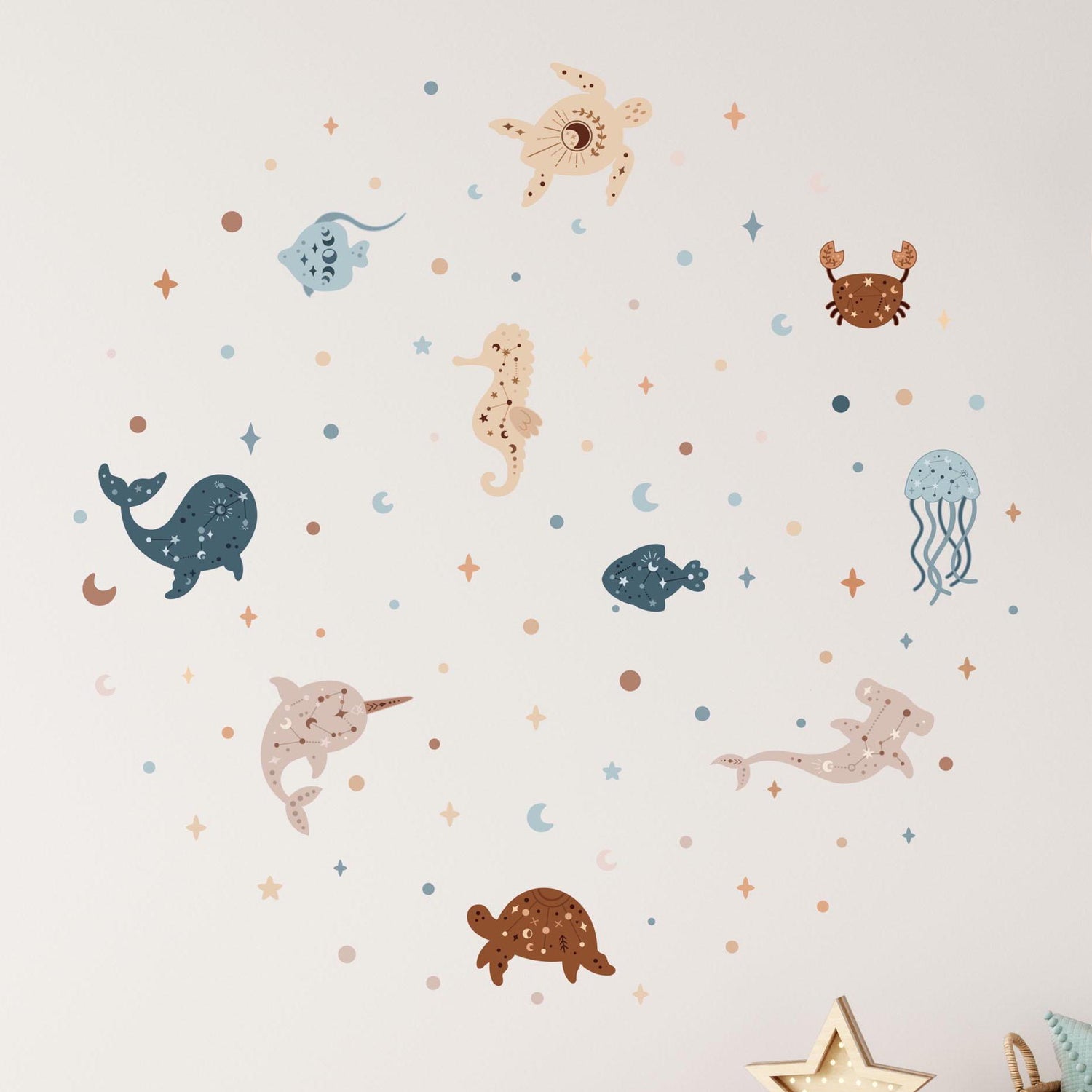 Celestial Ocean Wall Decals, Sea Animals Kids Room Wall Stickers, Sea Nursery Theme, Playroom, Bedroom Decor, Peel & Stick Sea Life Decals