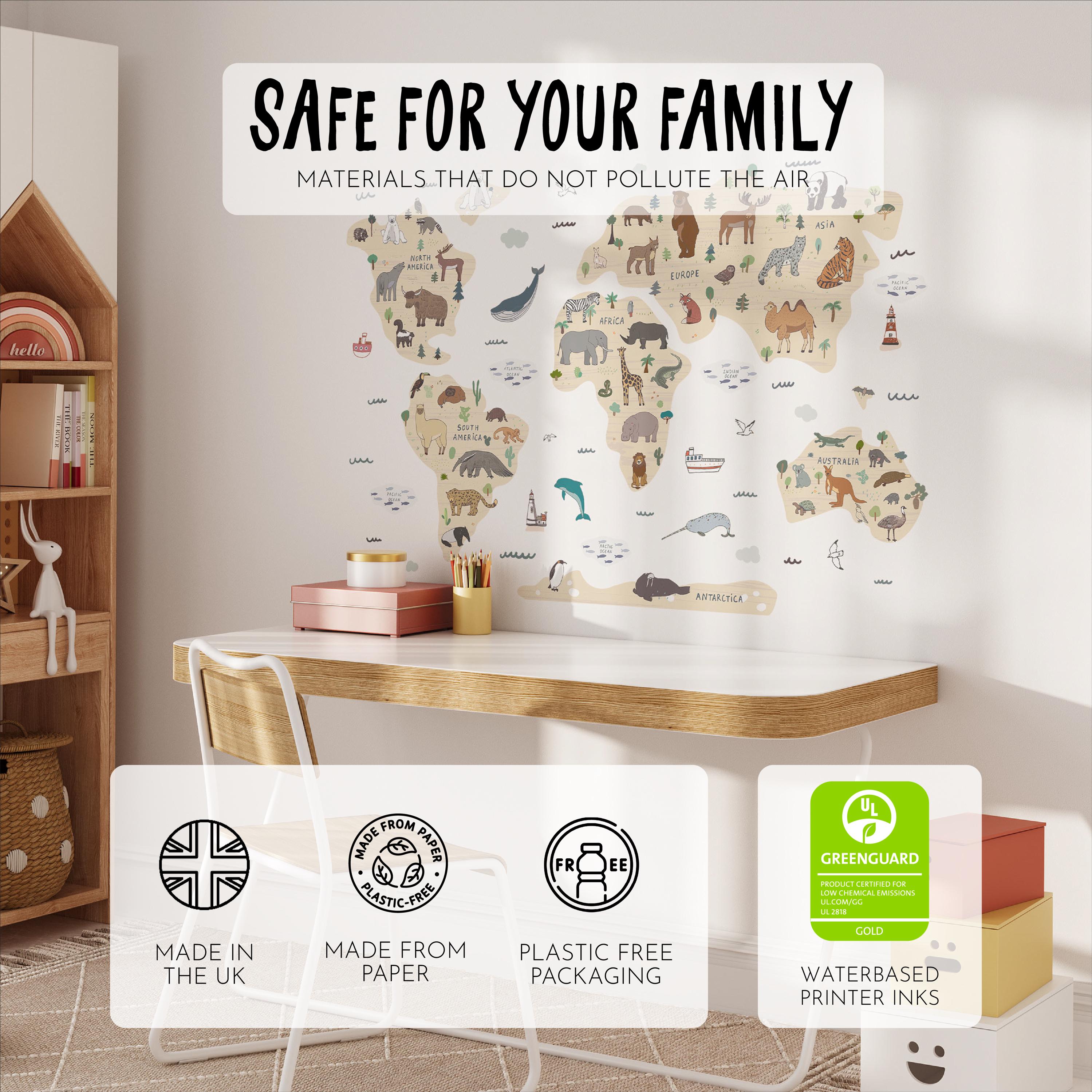 World Map Wall Decals, Animals Globe Kids Room Wall Stickers, Sea Nursery Theme, Playroom, Bedroom Decor, Peel & Stick Decals, Lion Elephant