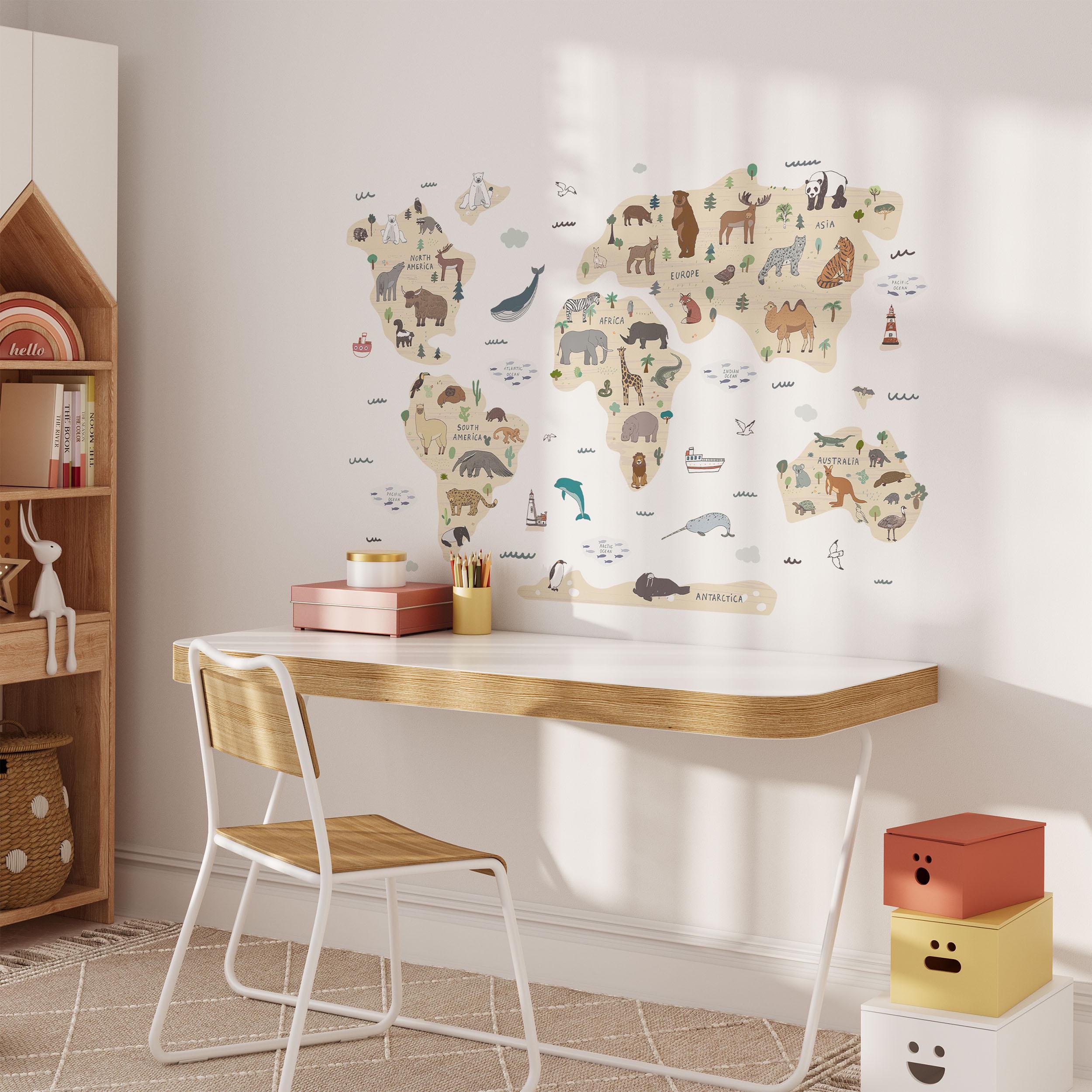 World Map Wall Decals, Animals Globe Kids Room Wall Stickers, Sea Nursery Theme, Playroom, Bedroom Decor, Peel & Stick Decals, Lion Elephant