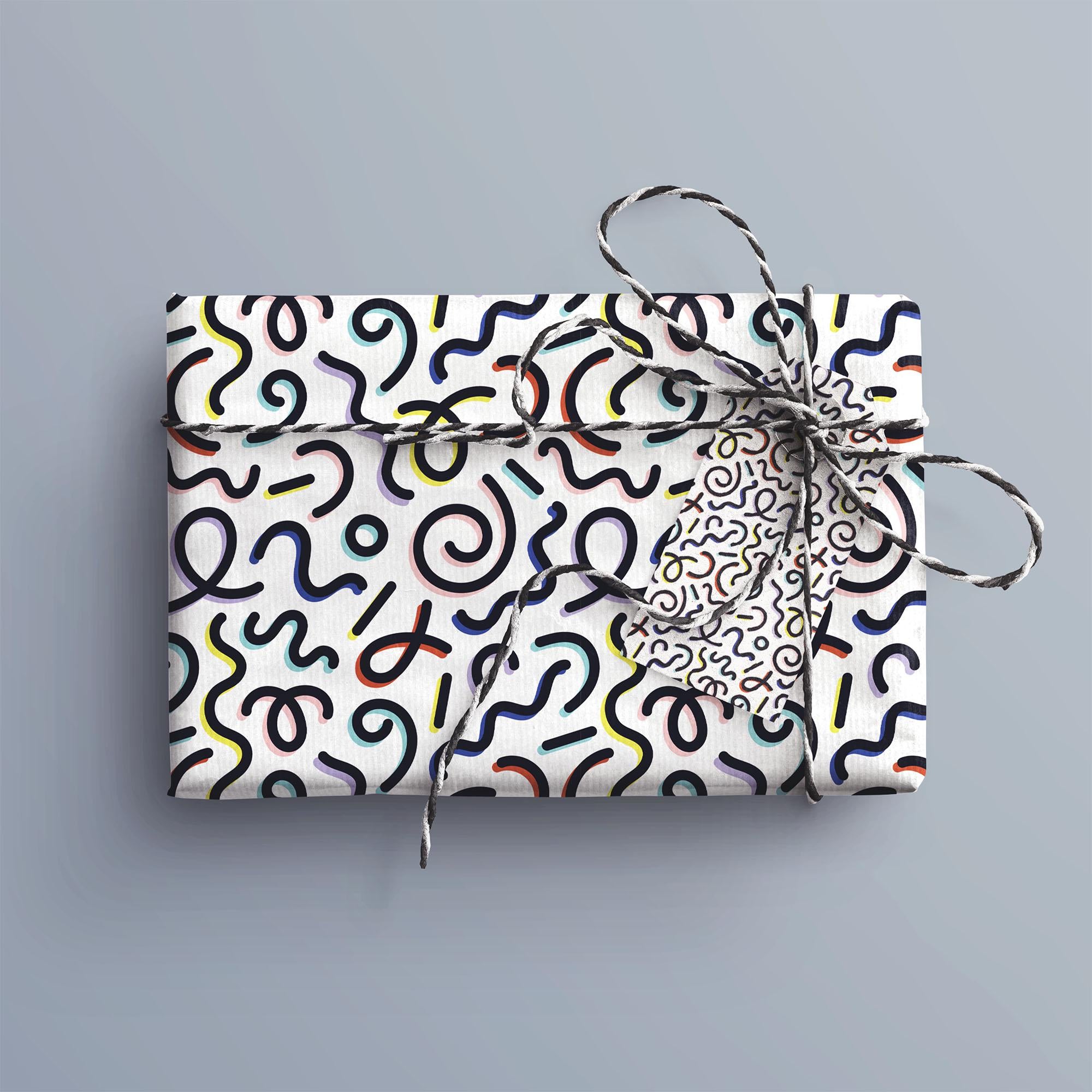 Squiggles Gift Wrap, Eco-Friendly Pattern Kids Gift Wrapping Paper, 100% Recyclable, Luxury Sustainable Kraft Birthday.