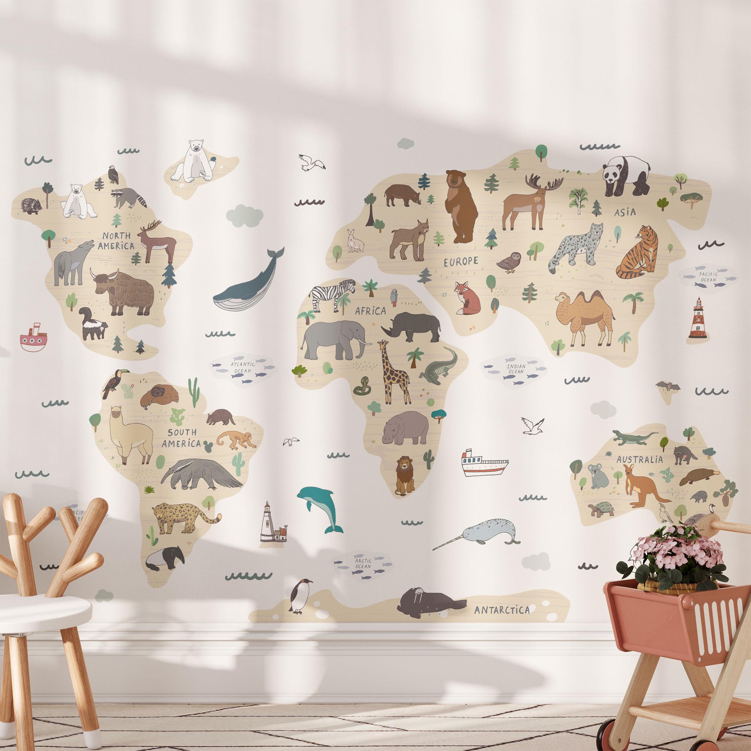 World Map Wall Decals, Animals Globe Kids Room Wall Stickers, Sea Nursery Theme, Playroom, Bedroom Decor, Peel & Stick Decals, Lion Elephant