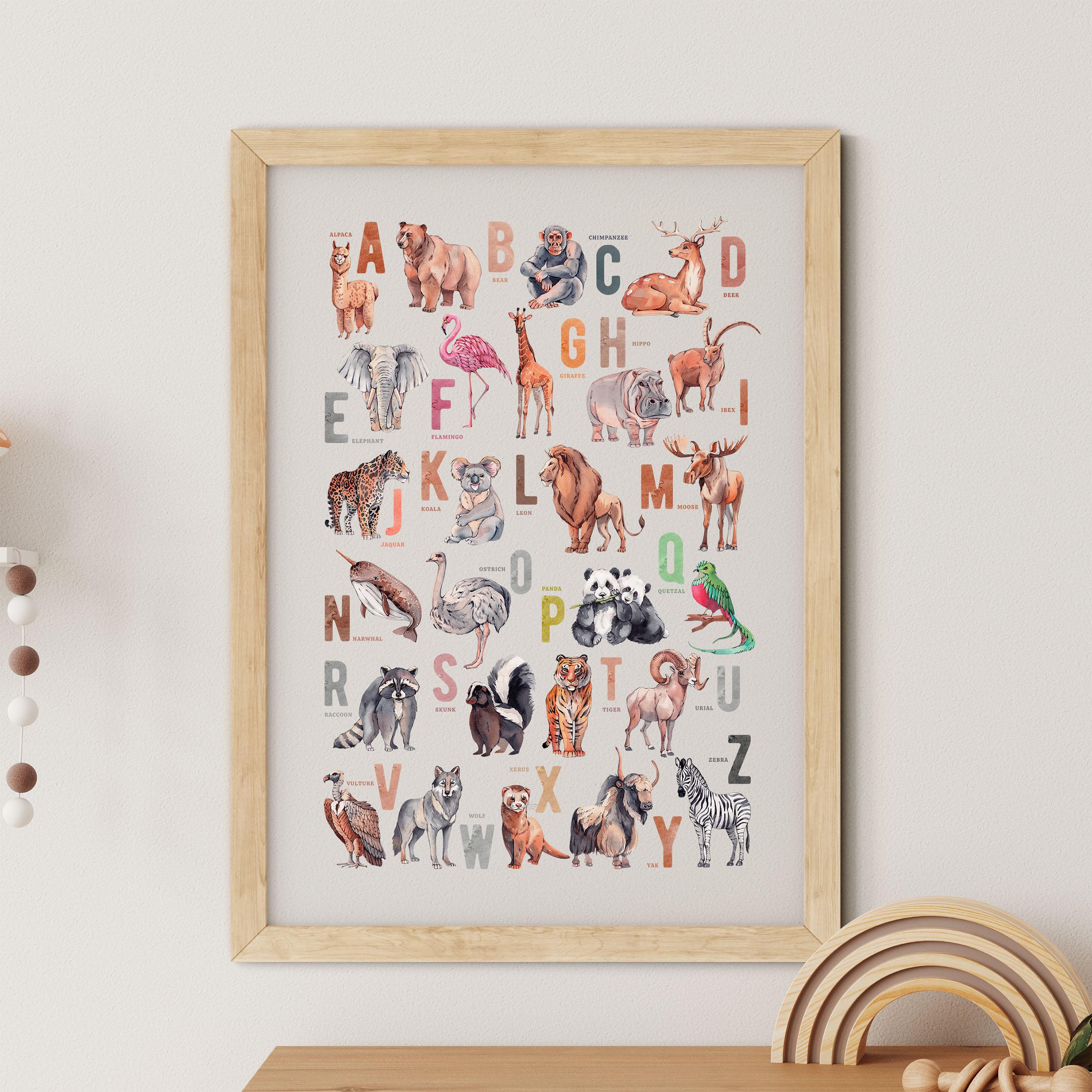 Animal Alphabet Nursery Print, Safari Wall A-Z Planets Kids Room Wall Art, Poster Framed Art.