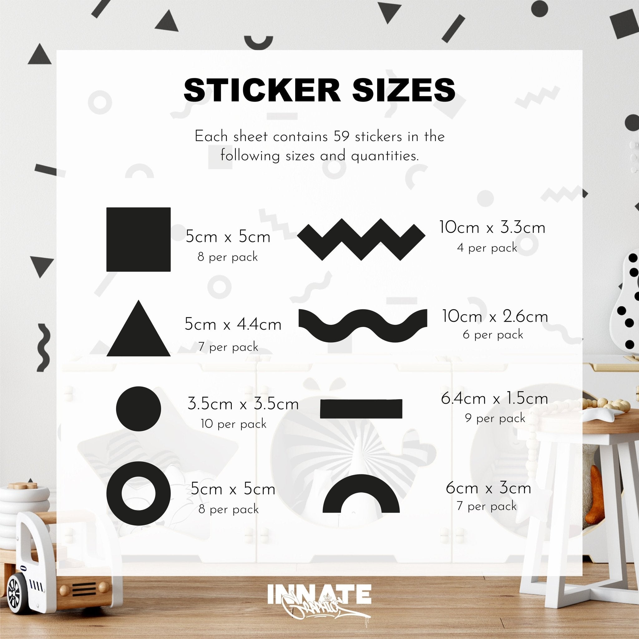 A chart displays My Stores Retro Doodle Stickers in square, circle, and lightning bolt shapes with sizes ranging from 3.5cm to 10cm per pack. The background shows a childrens room decorated with these playful decals.