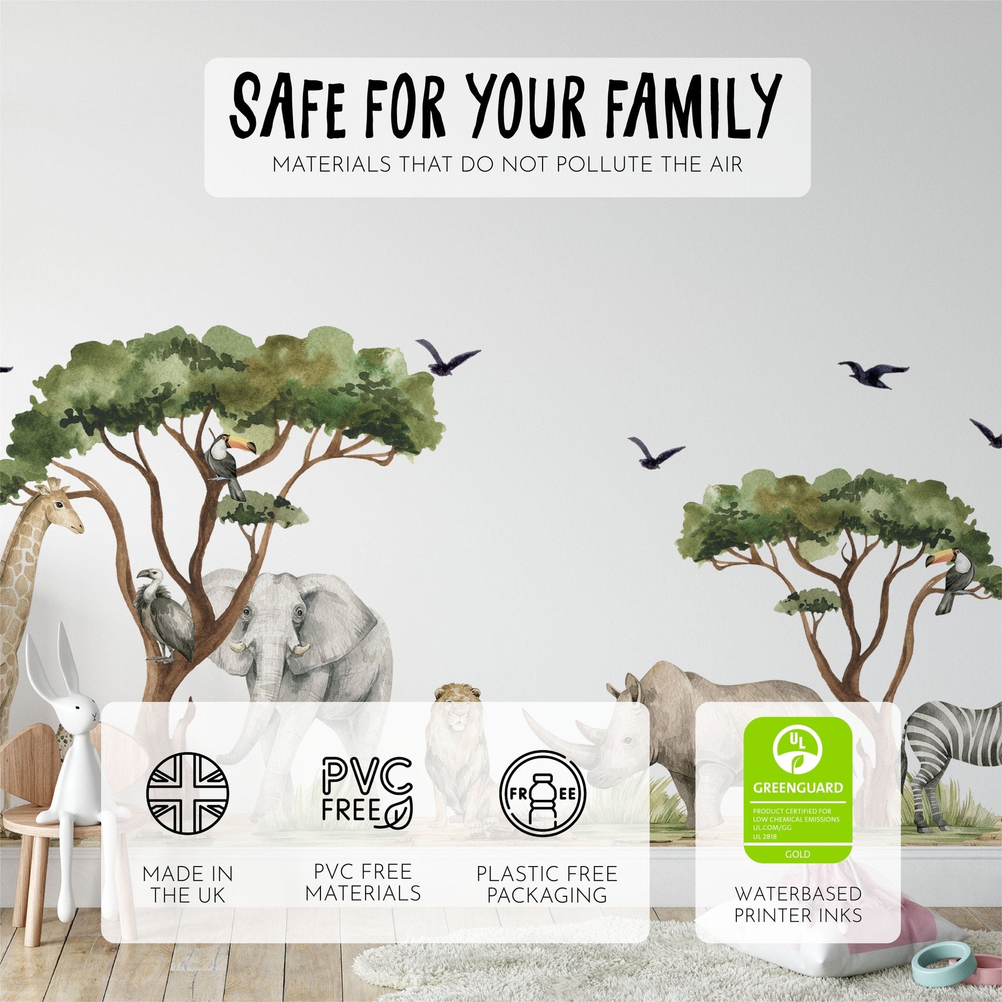 A childrens room displays My Stores Safari Animals Nursery Stickers, featuring watercolour safari animals like giraffes, elephants, and zebras in a savanna. Eco-friendly attributes include UK manufacturing, PVC-free materials, plastic-free packaging, and Greenguard-certified water-based inks.