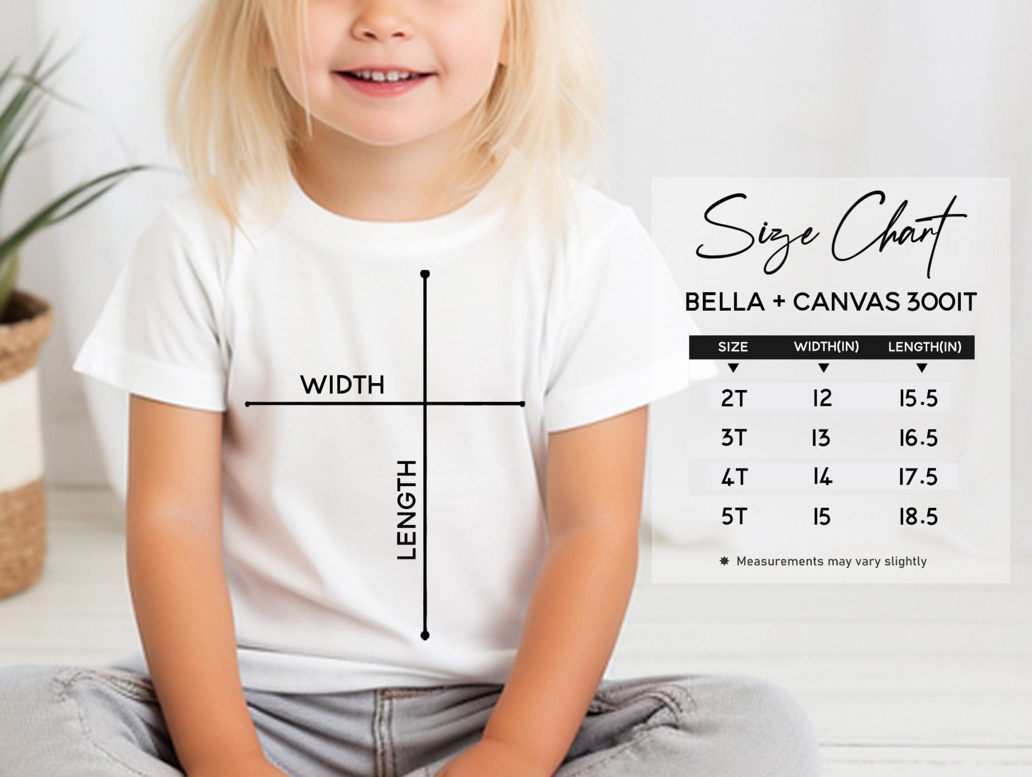 A child in a My Store Safari Animals Toddler T Shirt is cross-legged. A Bella + Canvas 3001T size chart beside them lists sizes 2T to 5T with width and length measurements. These shirts are machine washable, made from 100% ringspun combed cotton.